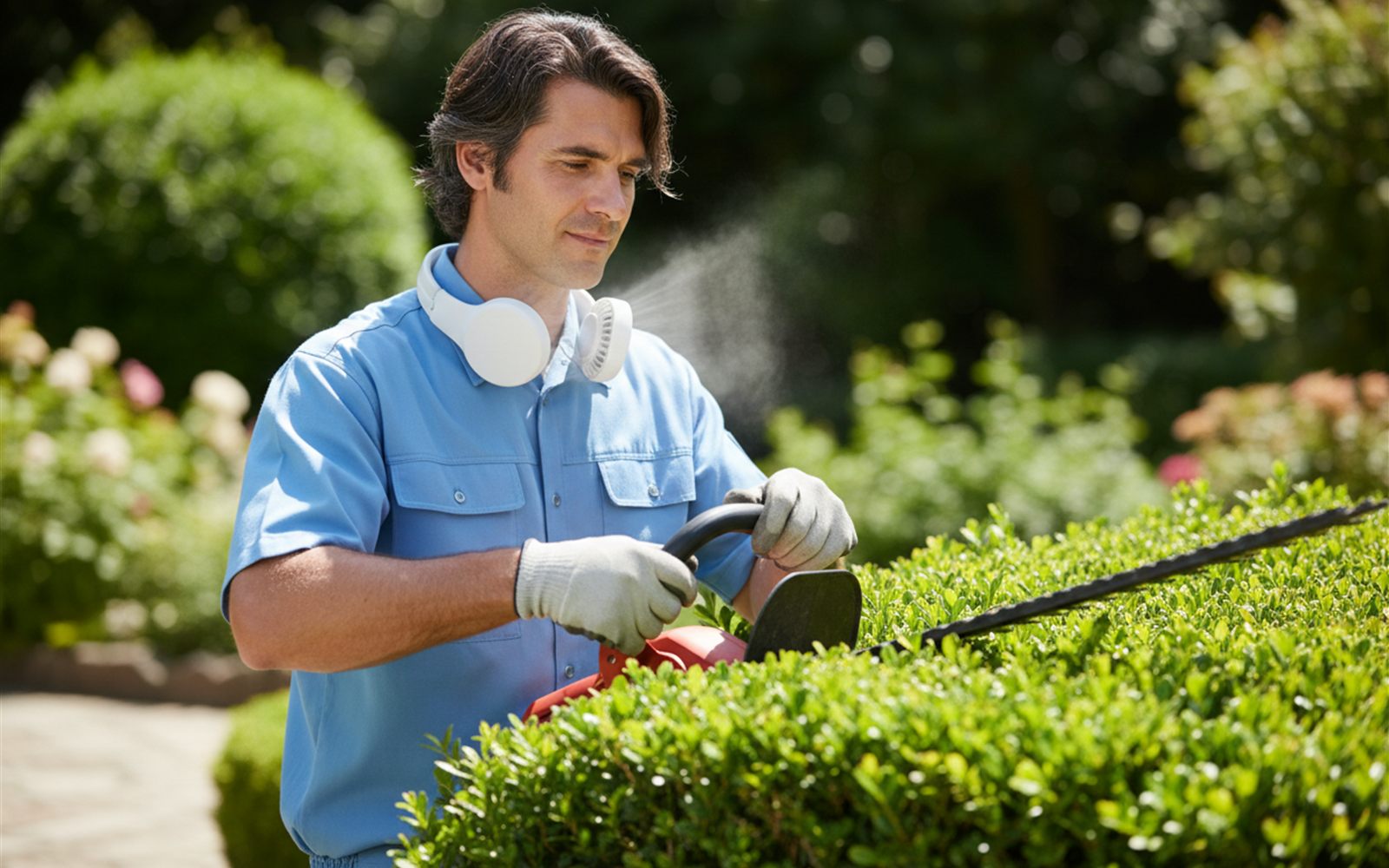 A landscaper trimming hedges in blazing sun with a neck fan on, shirt collar fluttering in the upward breeze