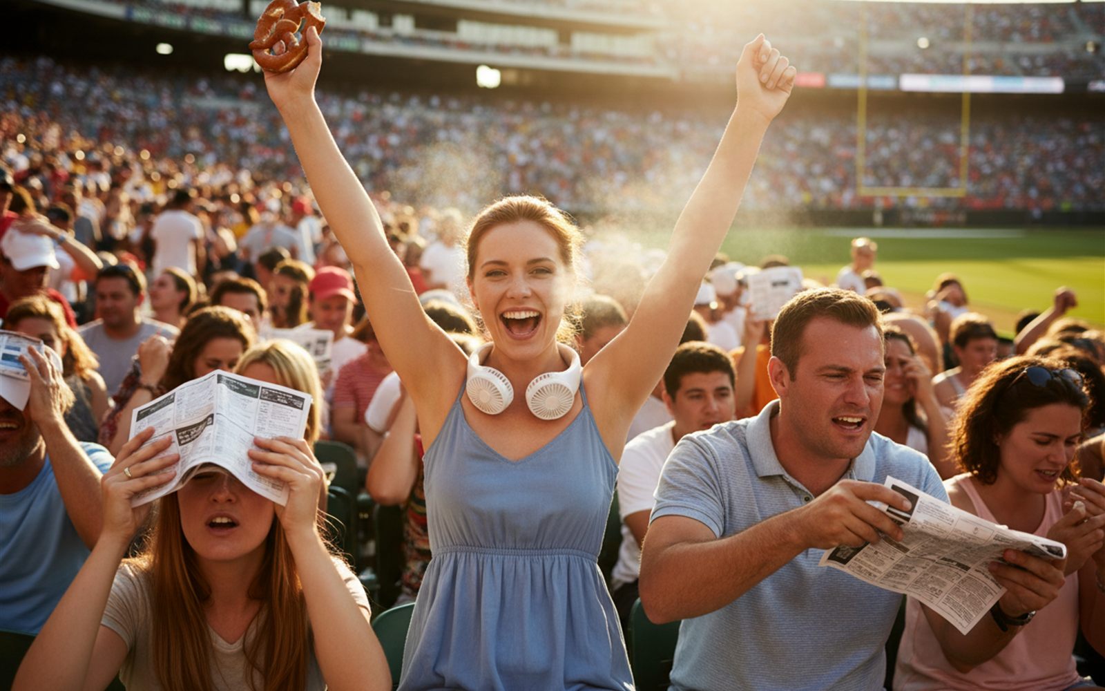Fans in a packed summer stadium, one wearing a neck fan mid cheer while others fan themselves with programs