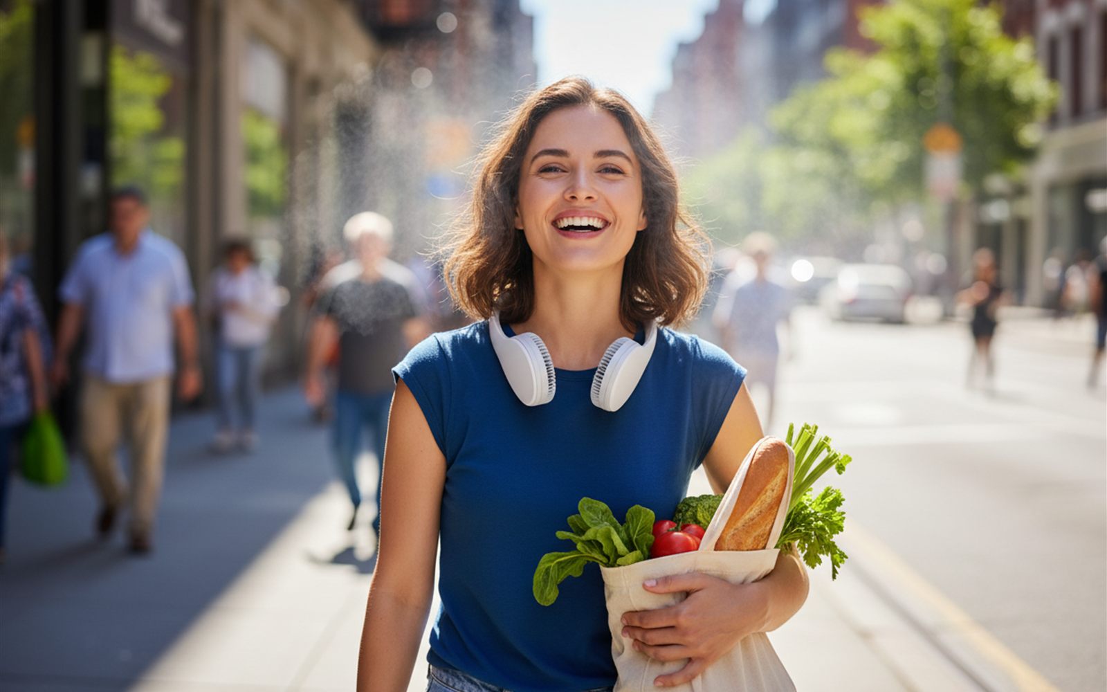 A smiling woman in bright sun wearing a white neck fan, hair lifting slightly in the airflow while she carries groceries.
