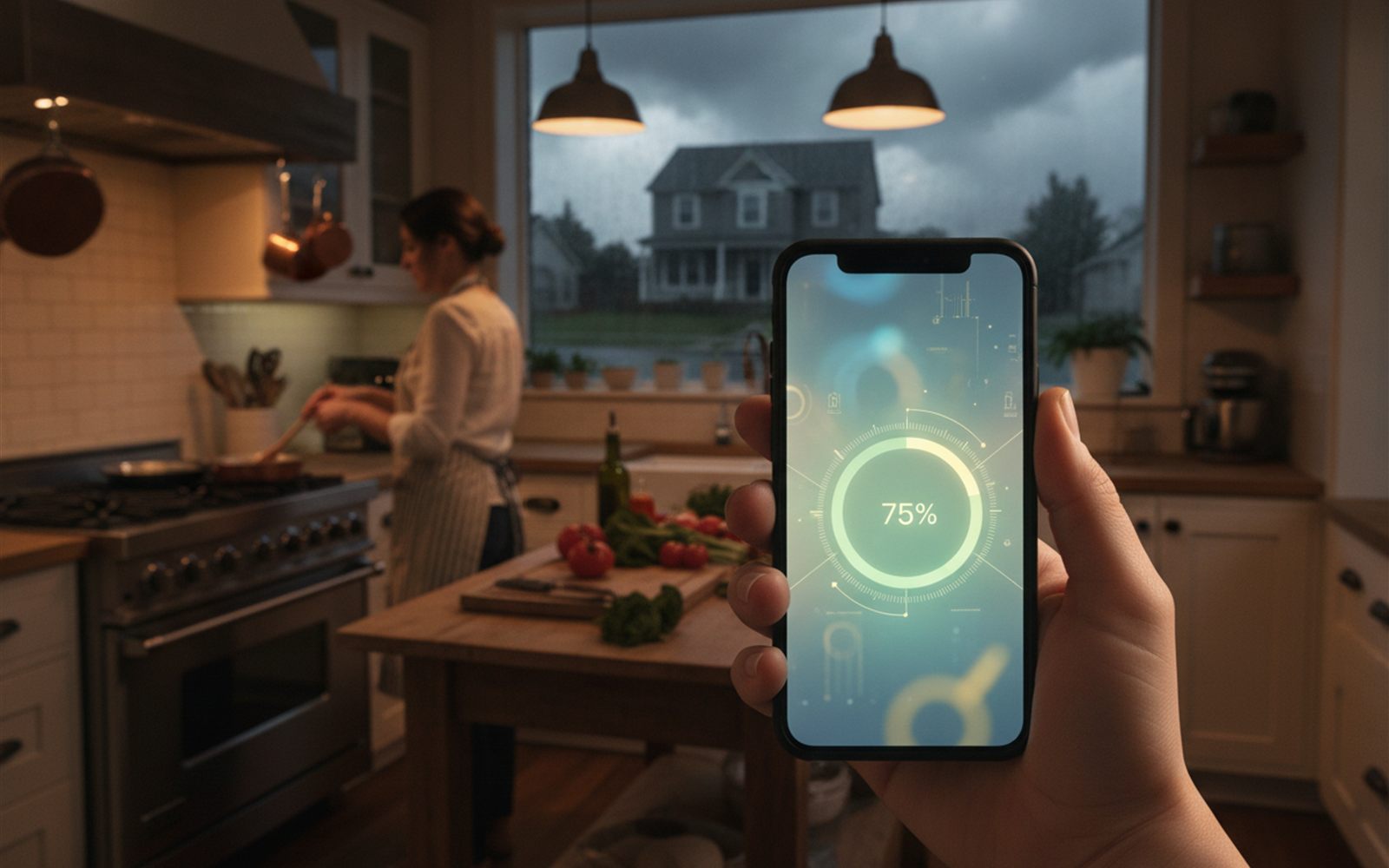 A phone screen shows a home battery taking over during an outage while the kitchen behind it stays lit