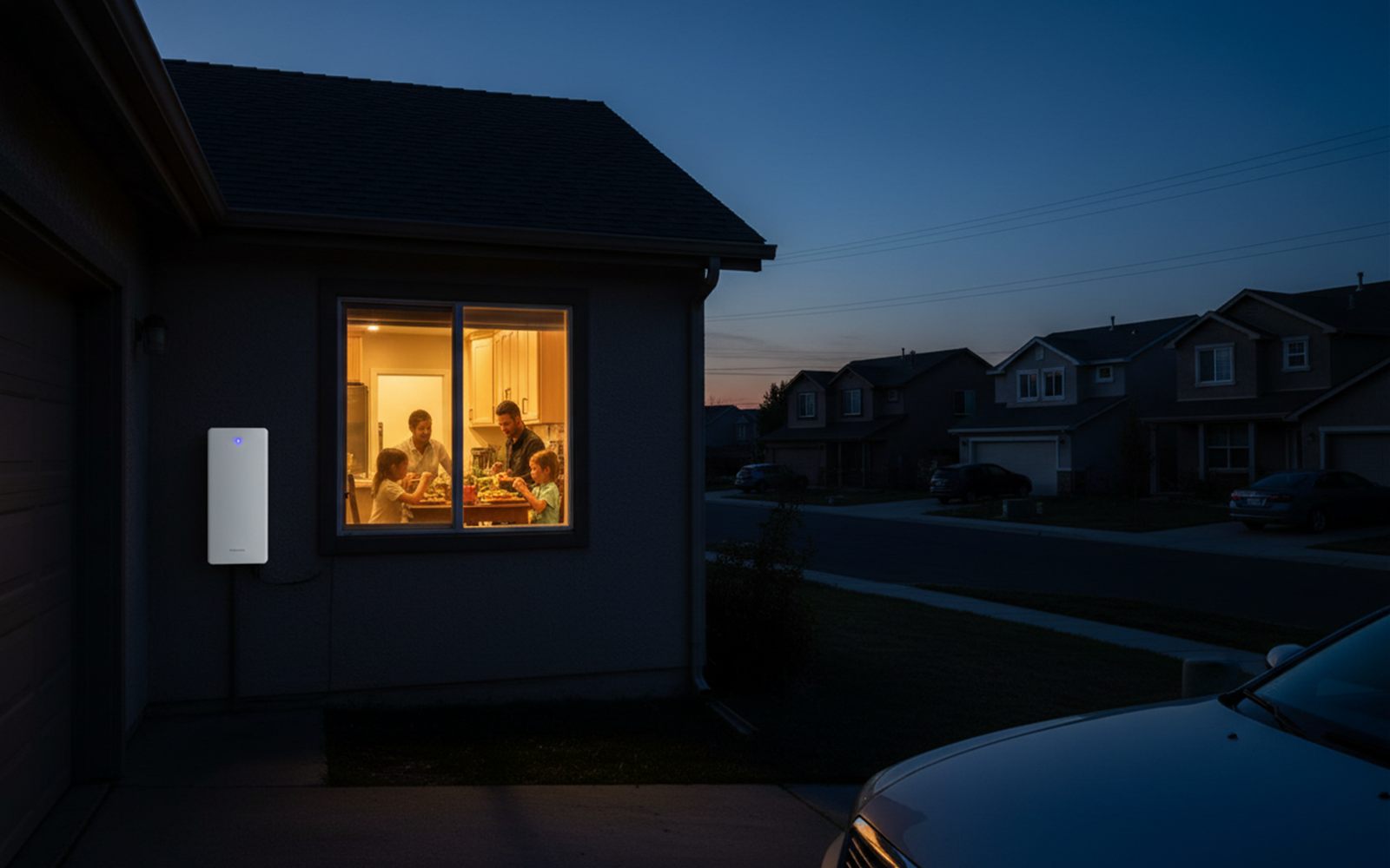 A kitchen stays warmly lit during a neighborhood blackout while a slim home battery glows quietly on the wall.