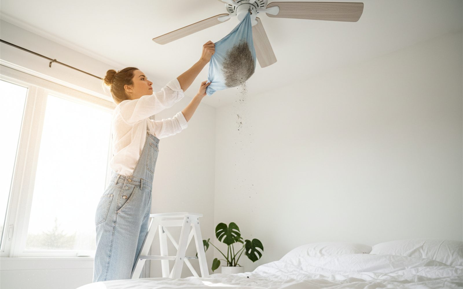 A pillowcase sliding along a ceiling fan blade and catching the dust inside.