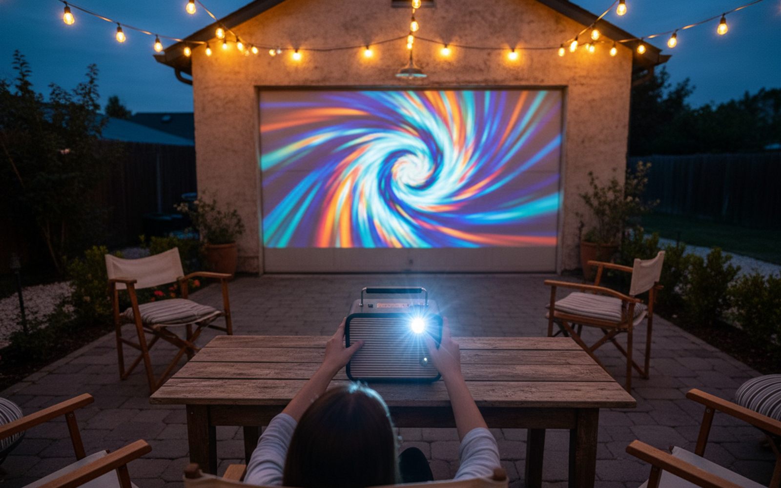 Hands adjusting the focus wheel of a small projector on a patio table as a huge movie image sharpens on the garage wall