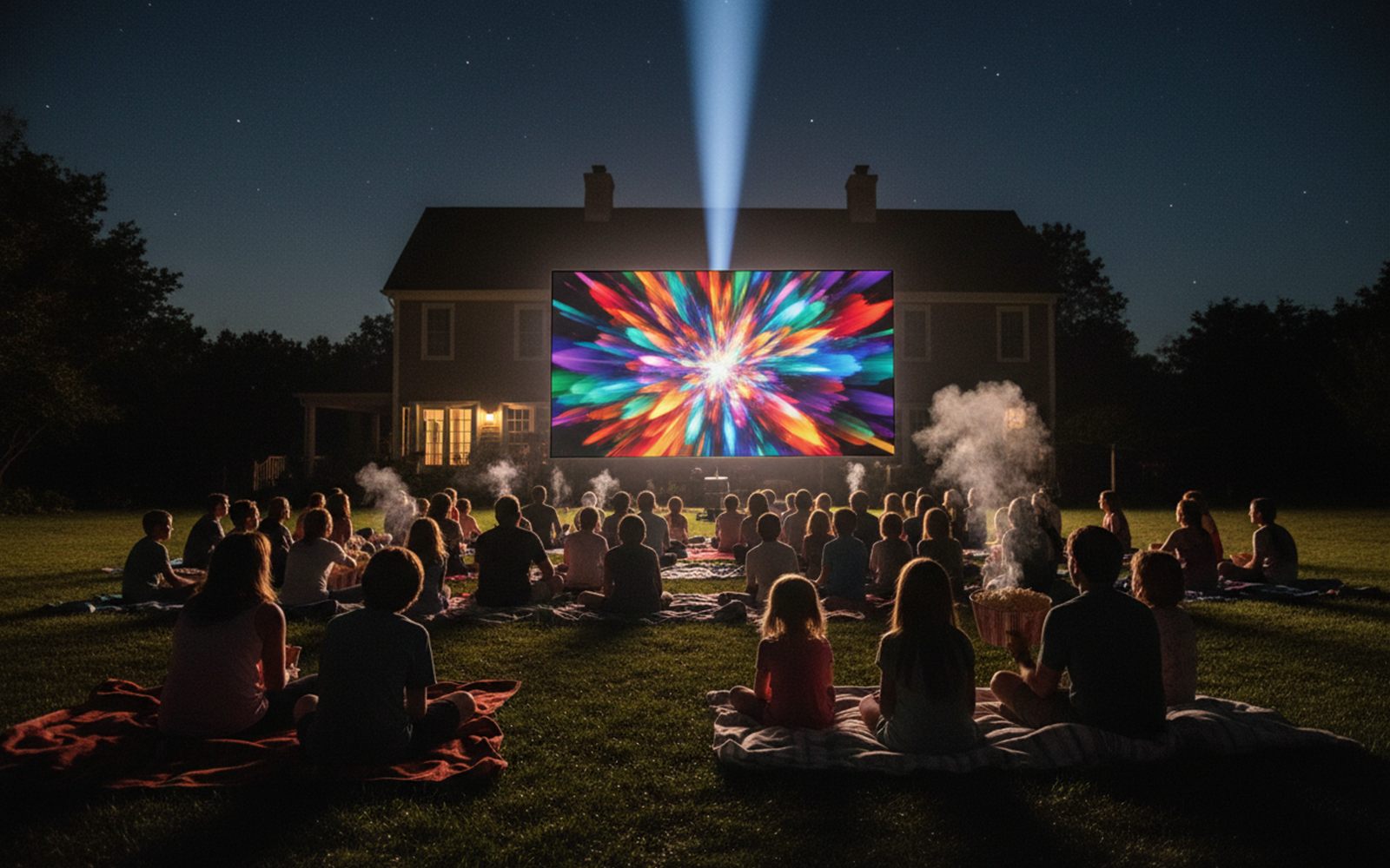 A backyard at night with rows of kids on blankets silhouetted against a bright hundred inch movie screen