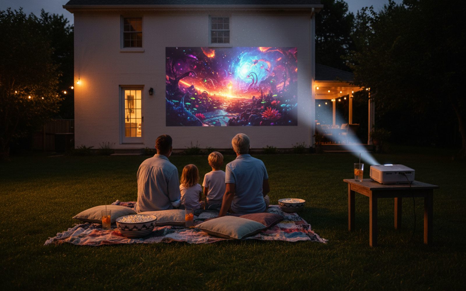 A family on blankets in a dark backyard watching a huge glowing movie image projected onto the side of the house.