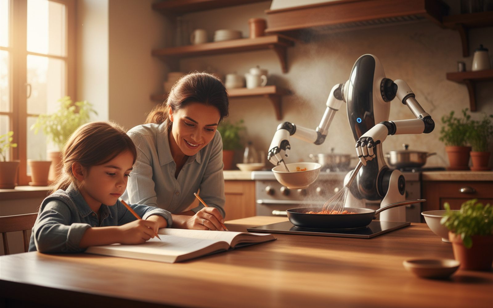 A parent helps with homework at the kitchen table while the countertop robot stirs dinner on its own behind them
