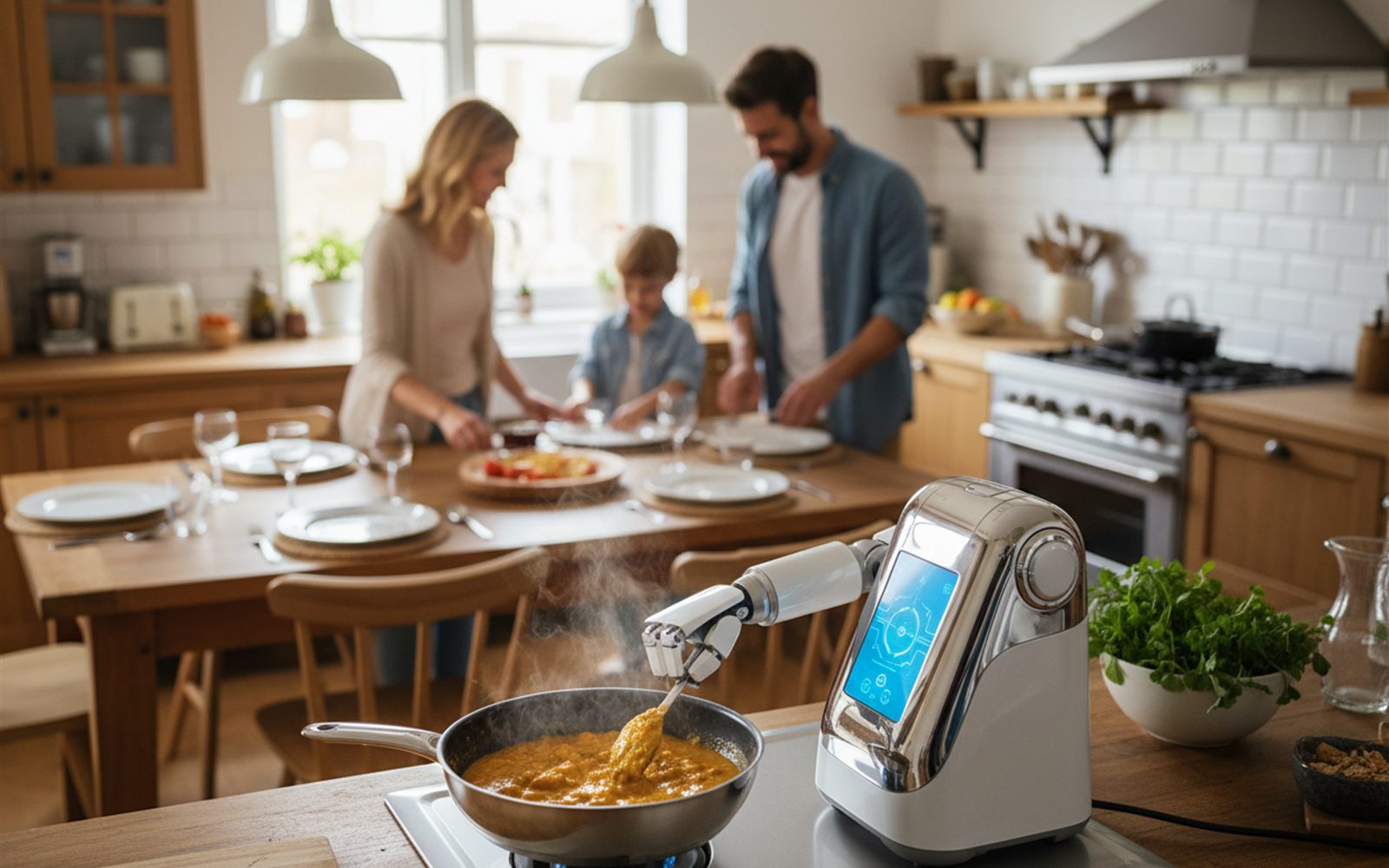 A countertop robot stirs a bubbling pan of curry while a family sets the table behind it.