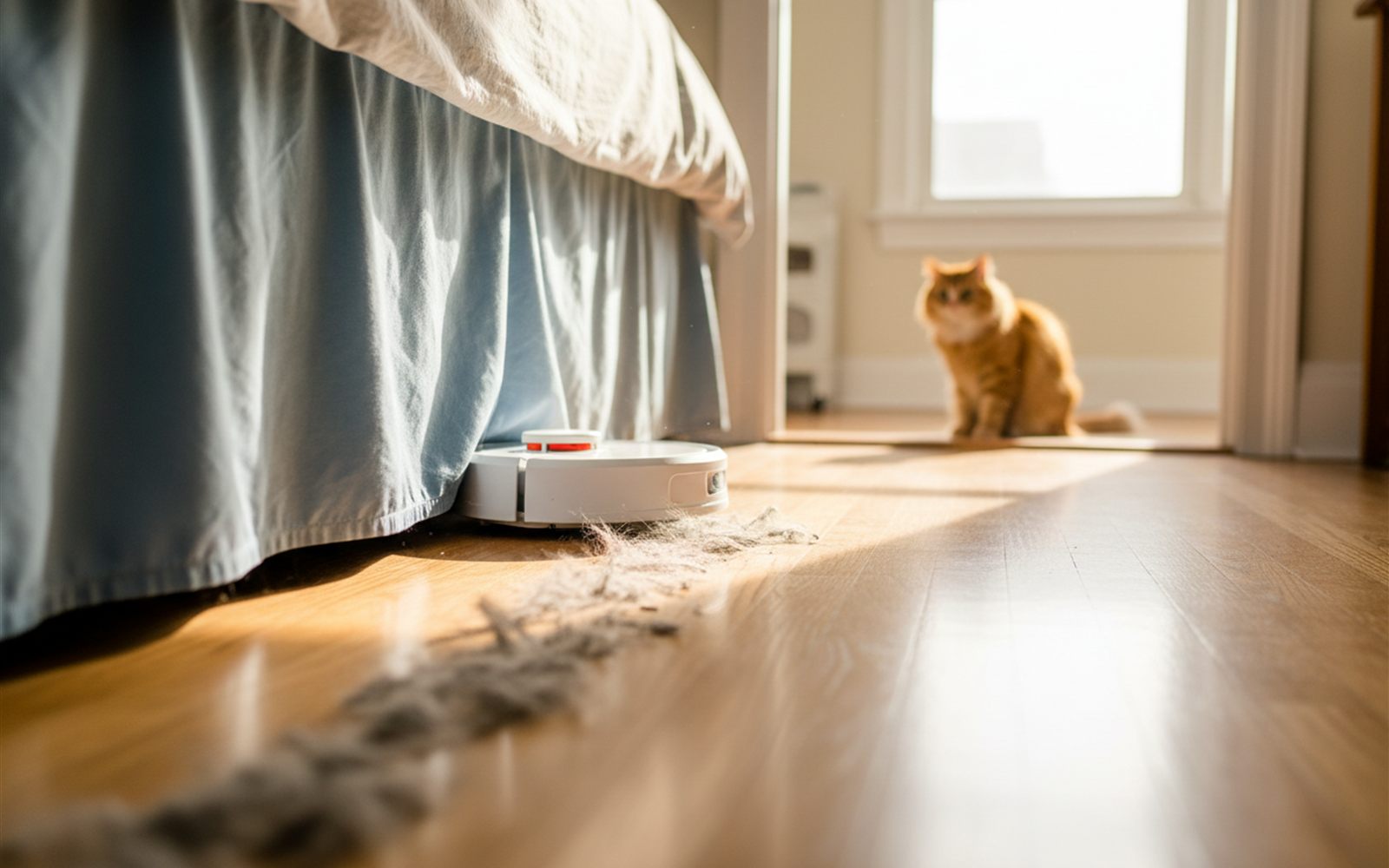 A robot vacuum sliding out from under a bed into warm morning light while a cat watches from the doorway