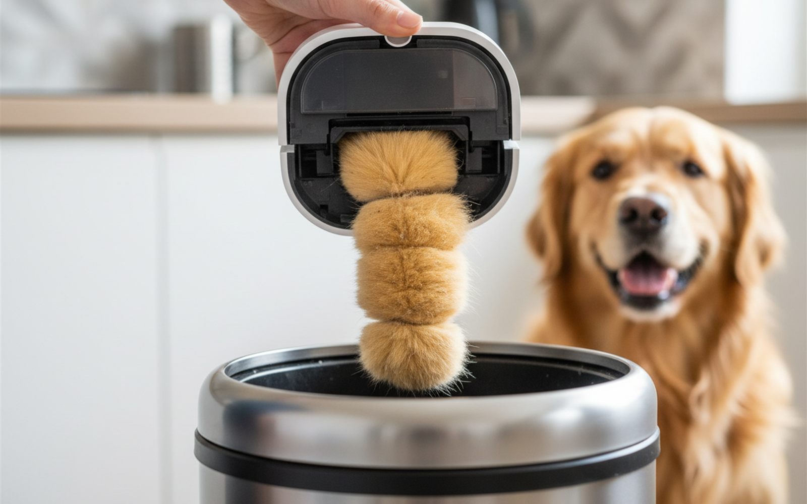Hands opening the dustbin of a robot vacuum over a trash can as a dense brick of pet fur drops out