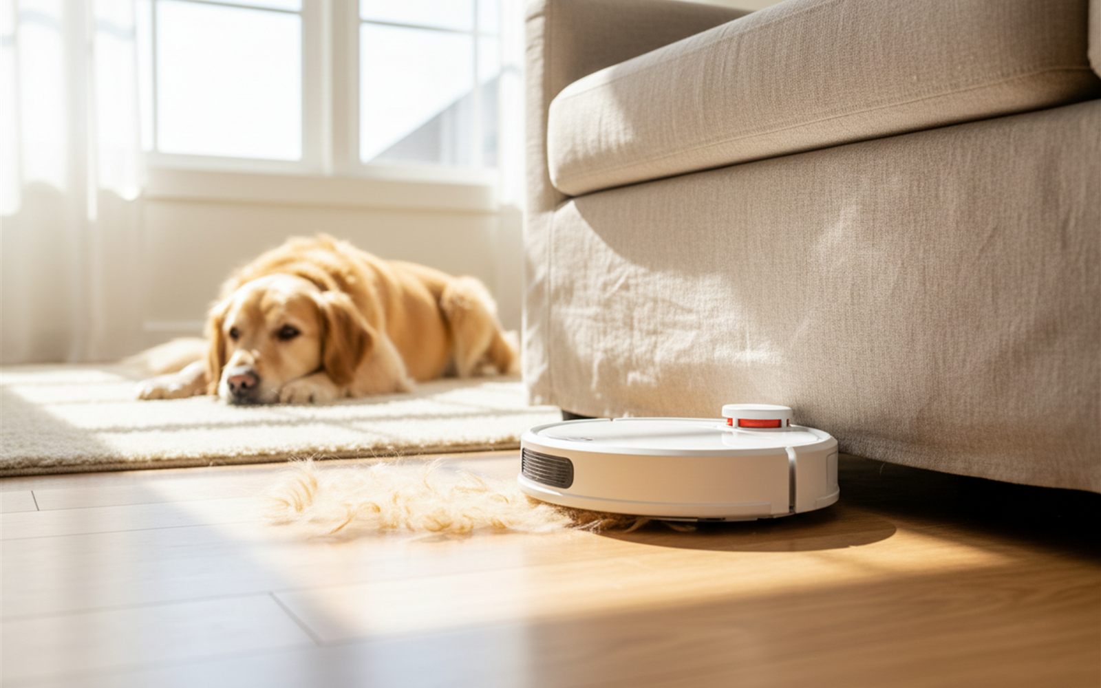 A slim white robot vacuum gliding out from under a sofa, pulling a trail of golden dog fur into its path.