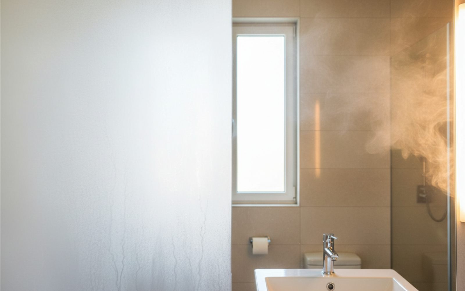 A steamy bathroom mirror staying clear on its treated half while the untreated half fogs white
