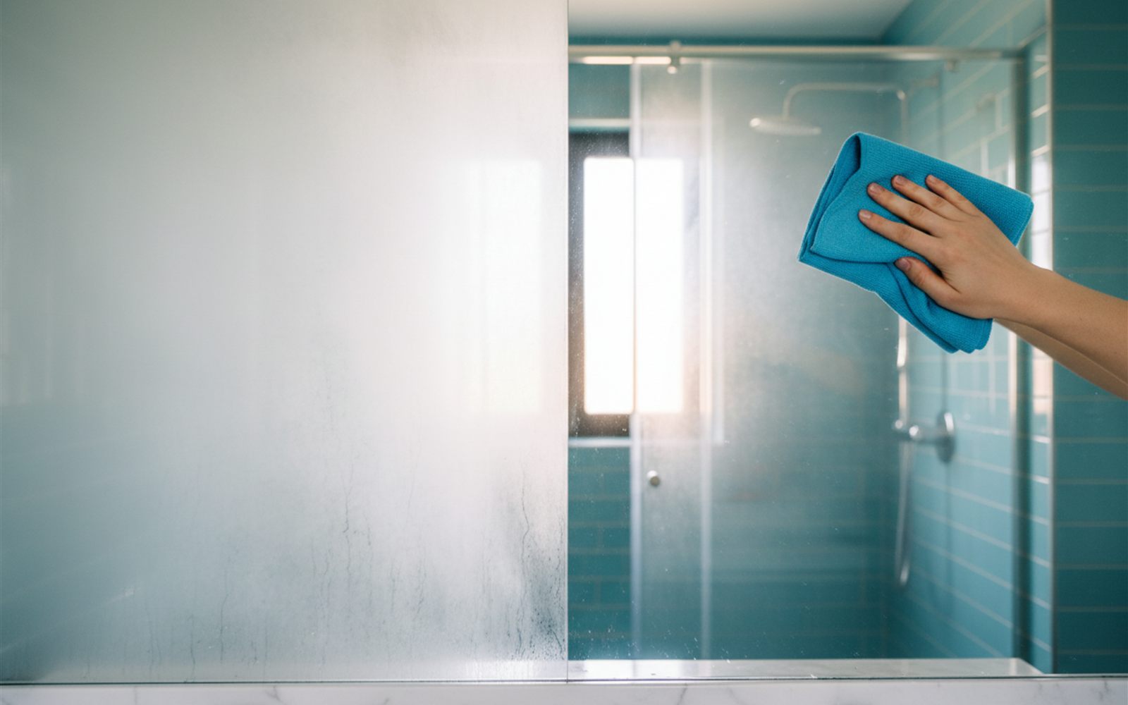 A hand buffing shaving cream across a bathroom mirror while the shower steams behind it.