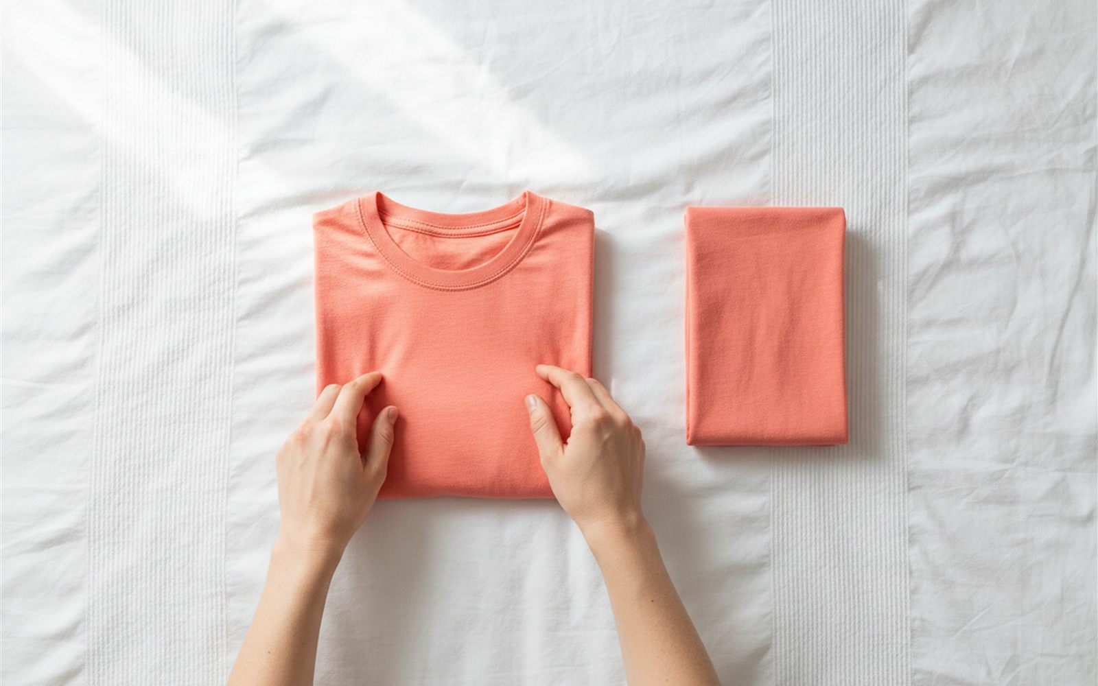 Hands folding a T shirt into a small rectangle packet that stands upright on the bed