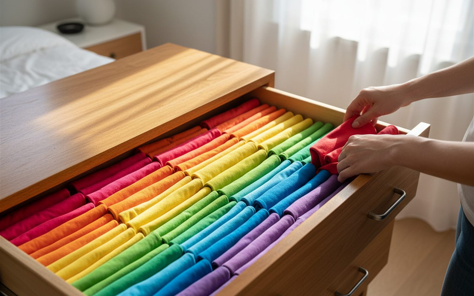 Neatly folded shirts standing upright in tidy rows inside an open dresser drawer.