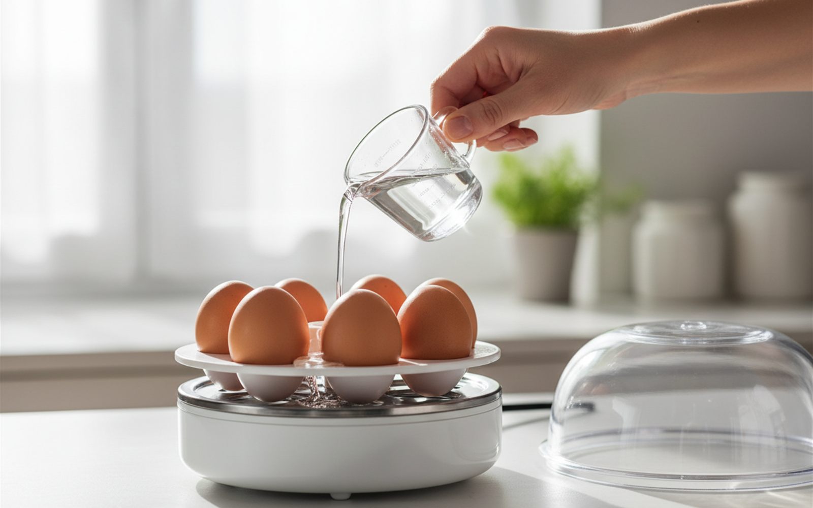 The measuring cup pours water onto the little hot plate as six brown eggs wait on the tray with the clear dome ready.