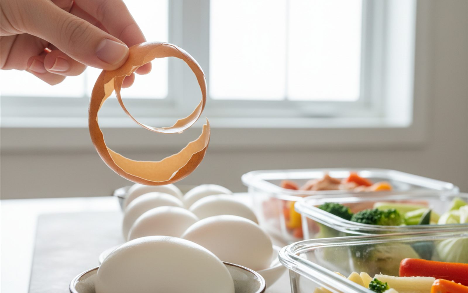 Fingers slide a shell off a steamed egg in two clean curls beside a row of peeled eggs ready for the lunch containers.