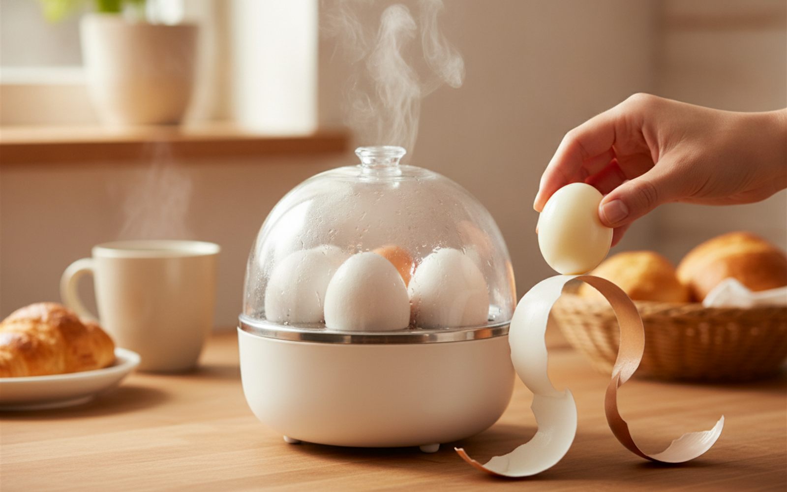 Six eggs steam under the little dome while the countertop cooker turns them into easy peel perfection.