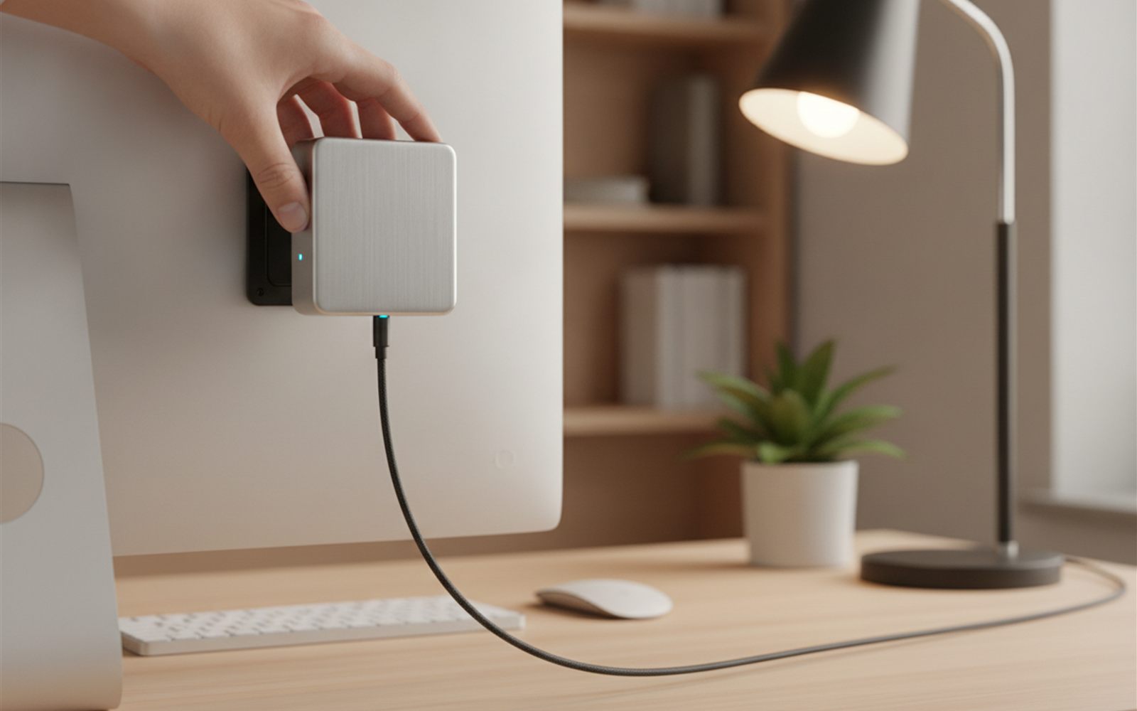 A hand slides a palm sized silver computer onto a bracket behind a monitor on a clean home office desk.