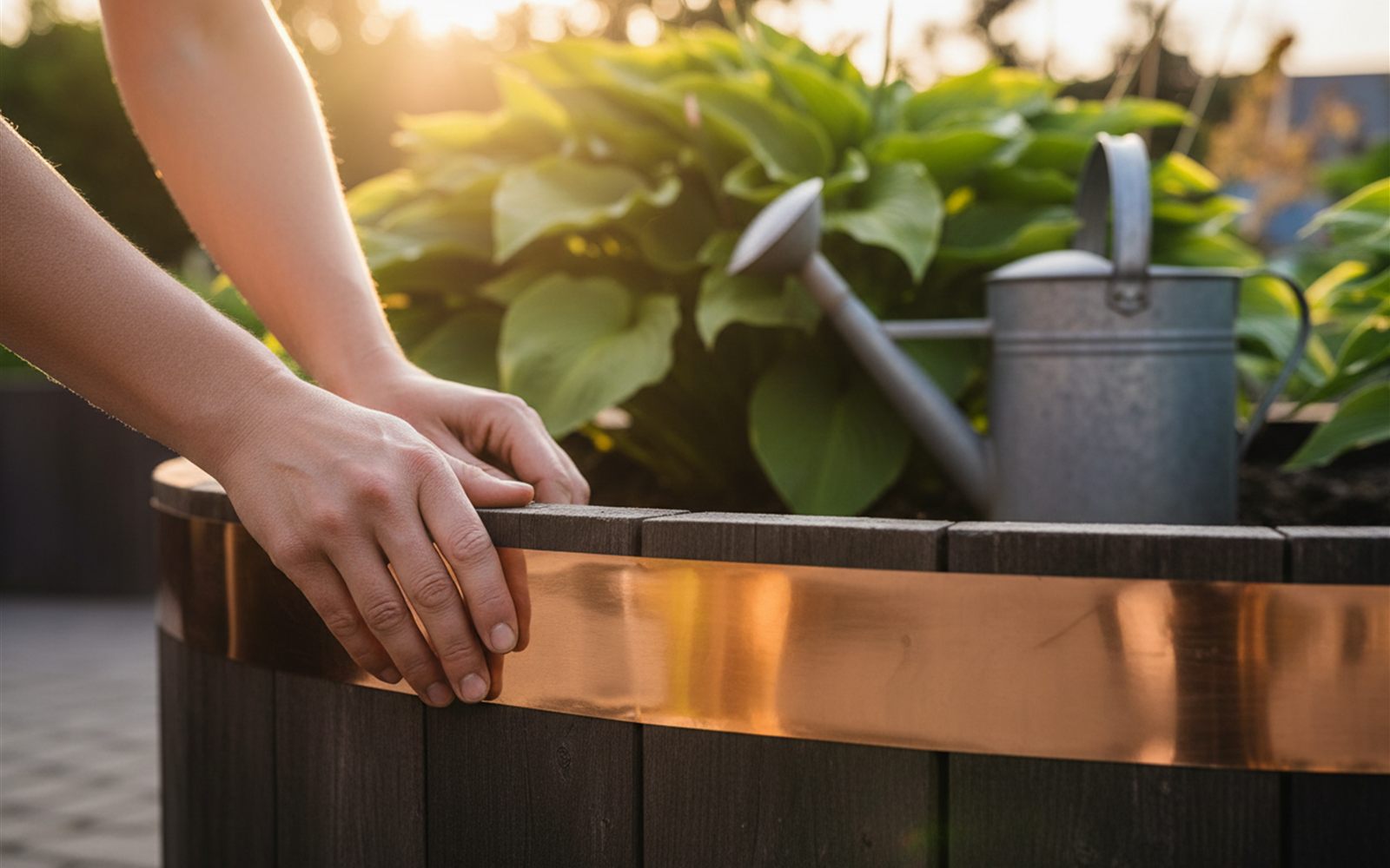 Hands pressing a wide new band of copper tape around a raised bed rim at dusk, with a watering can and hostas in the background.