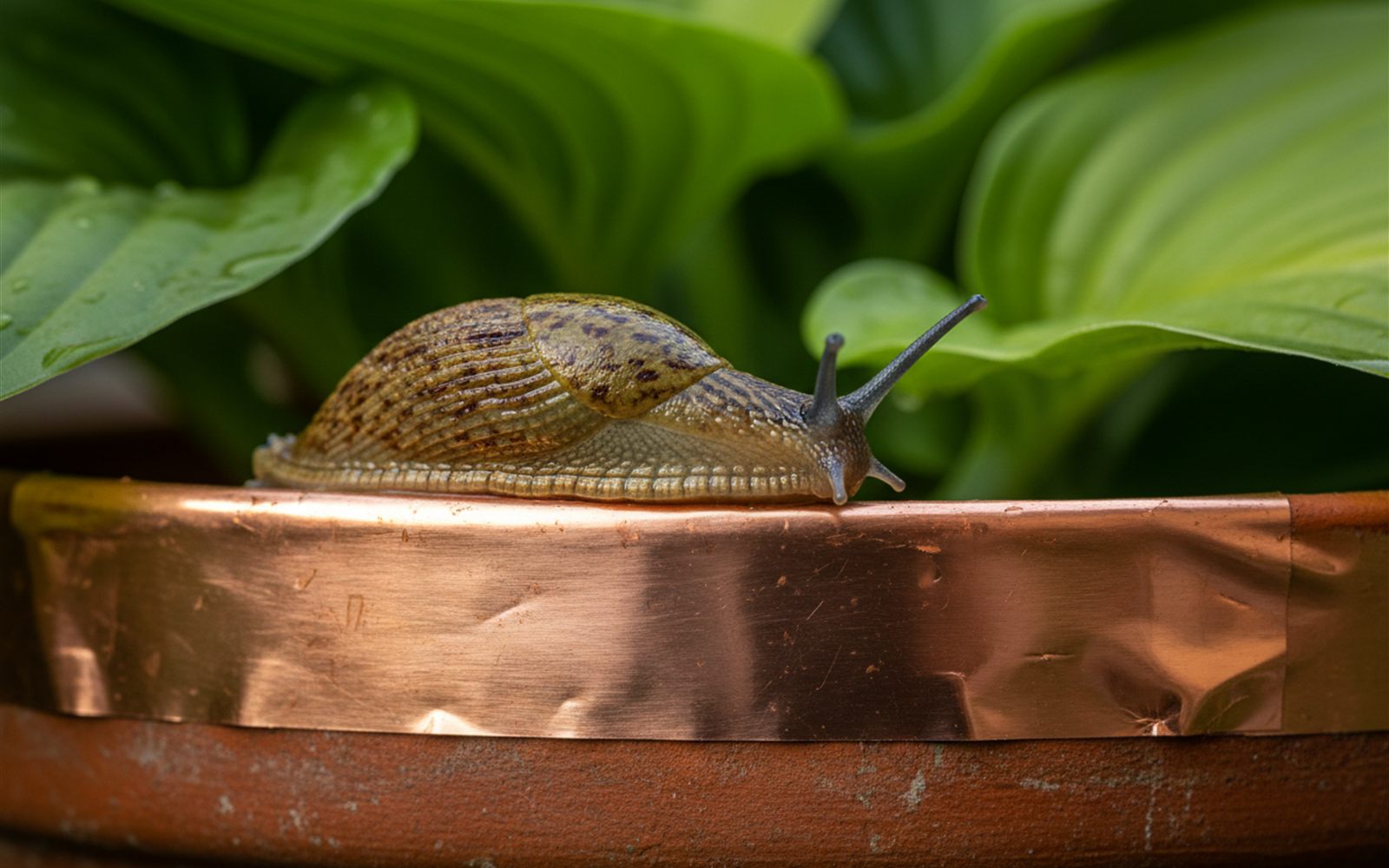 A slug stopped at a bright band of copper tape wrapped around the rim of a garden pot.