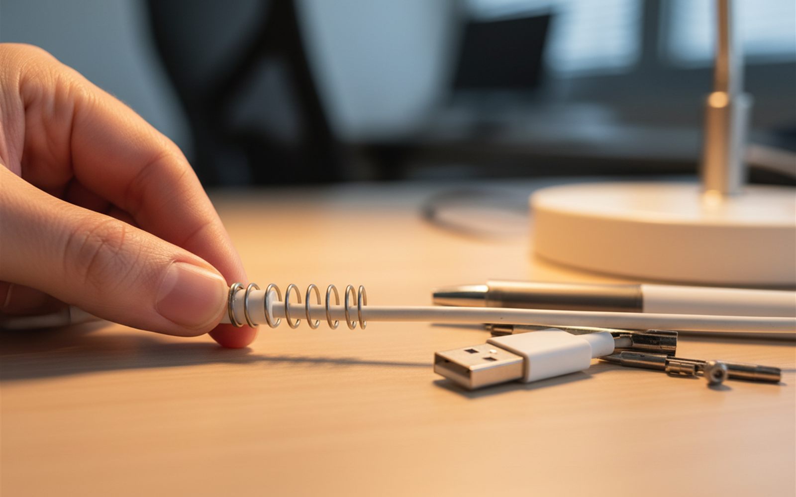 Fingers thread a small pen spring onto a white charging cable right behind the plug