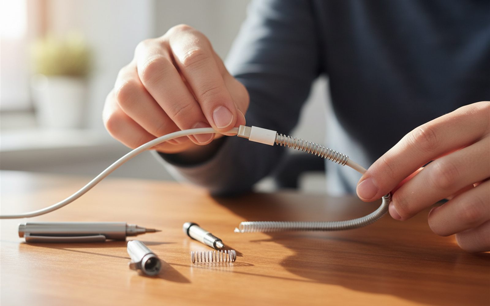 A pen spring coiled around a phone charger cable guards the exact spot where cables usually break.