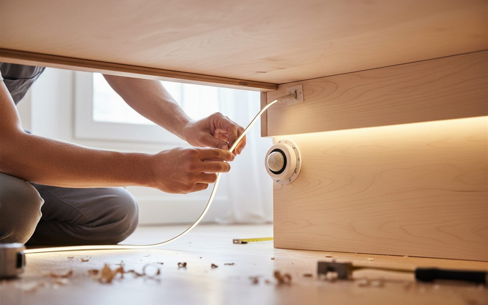 Hands press the flexible strip of warm LEDs along the underside of a wooden bed frame during the five minute install.