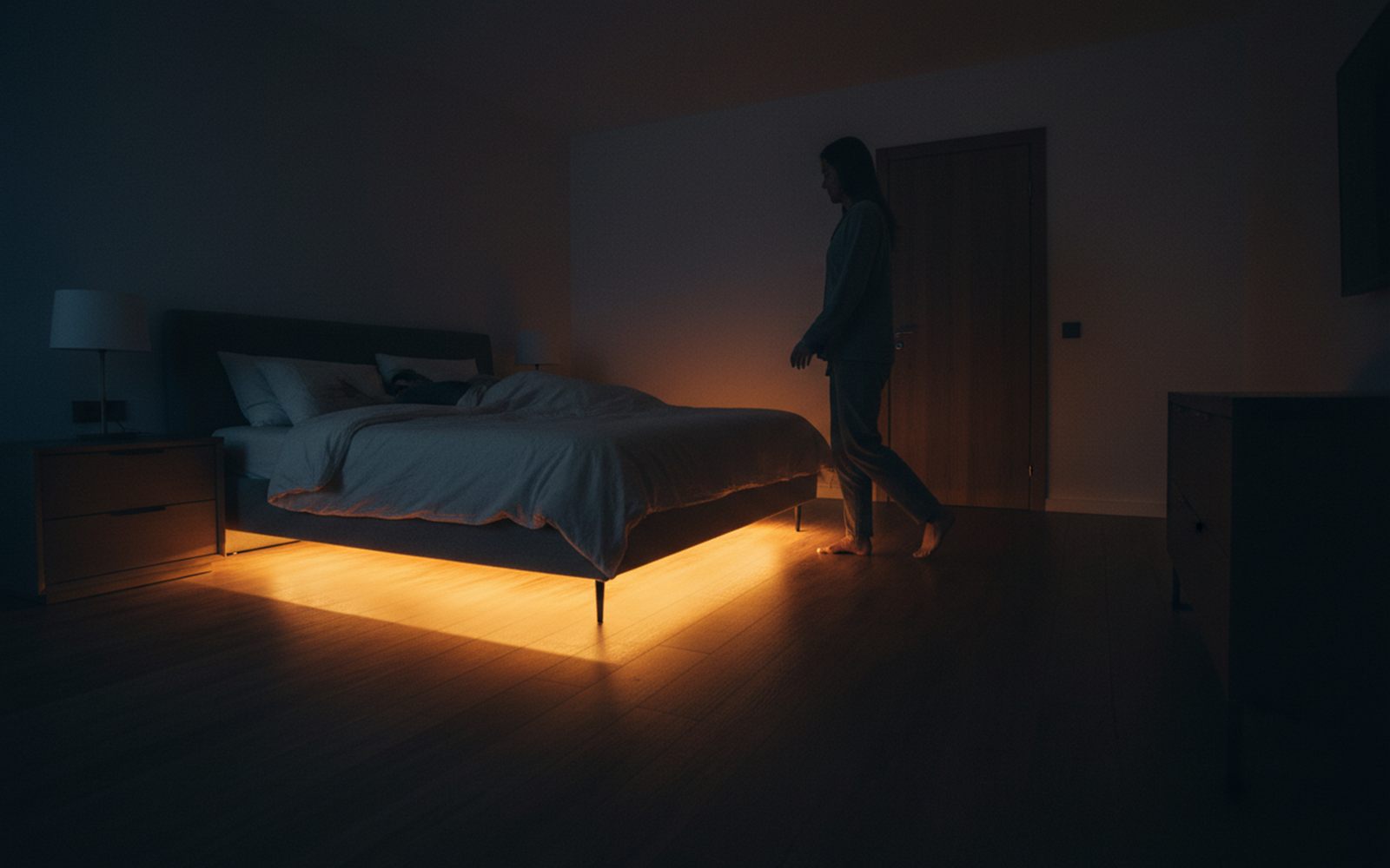 A warm pool of floor light guides one partner quietly toward the bedroom door while the other stays fast asleep in the dark.