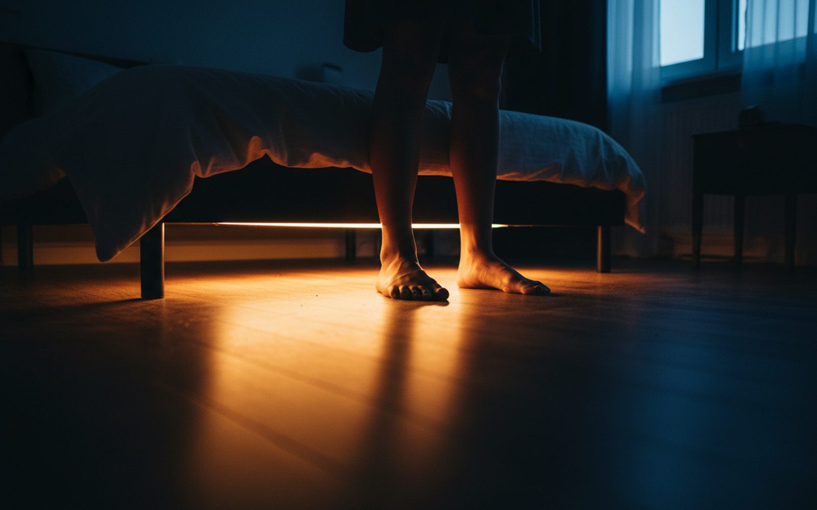 A soft strip of warm light glows under the bed frame the instant bare feet reach the floor.