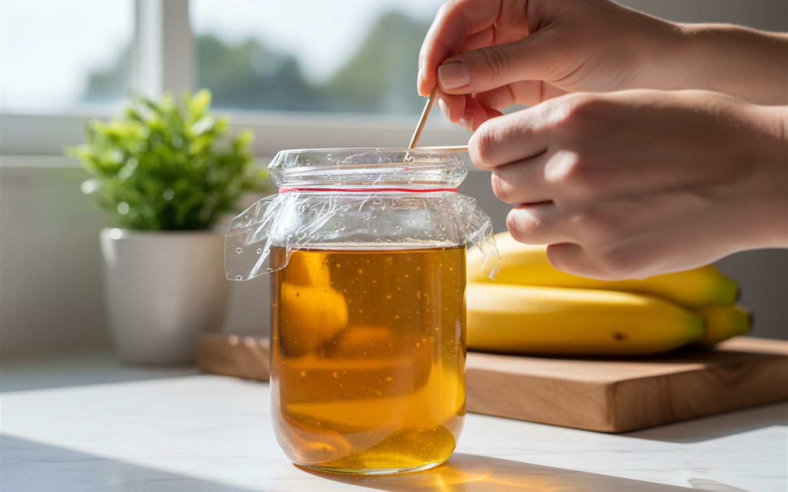 Hands poking toothpick holes in plastic wrap stretched tight over a jar of amber vinegar