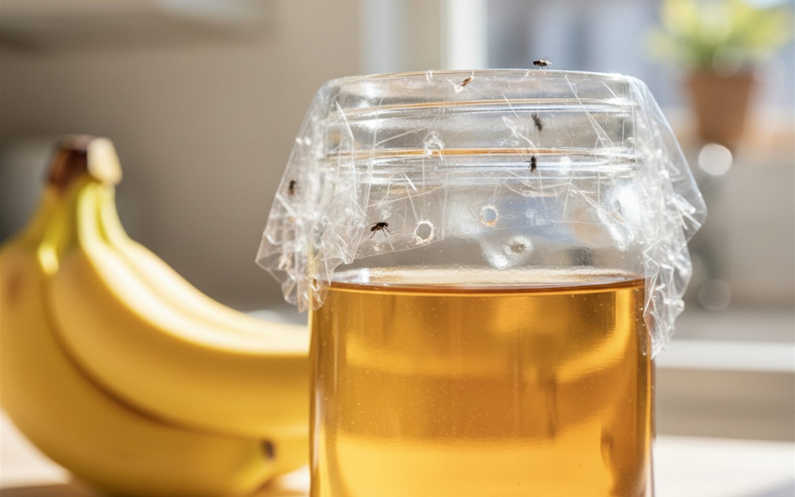 Fruit flies gathering on a plastic wrapped jar of amber vinegar beside a fruit bowl.