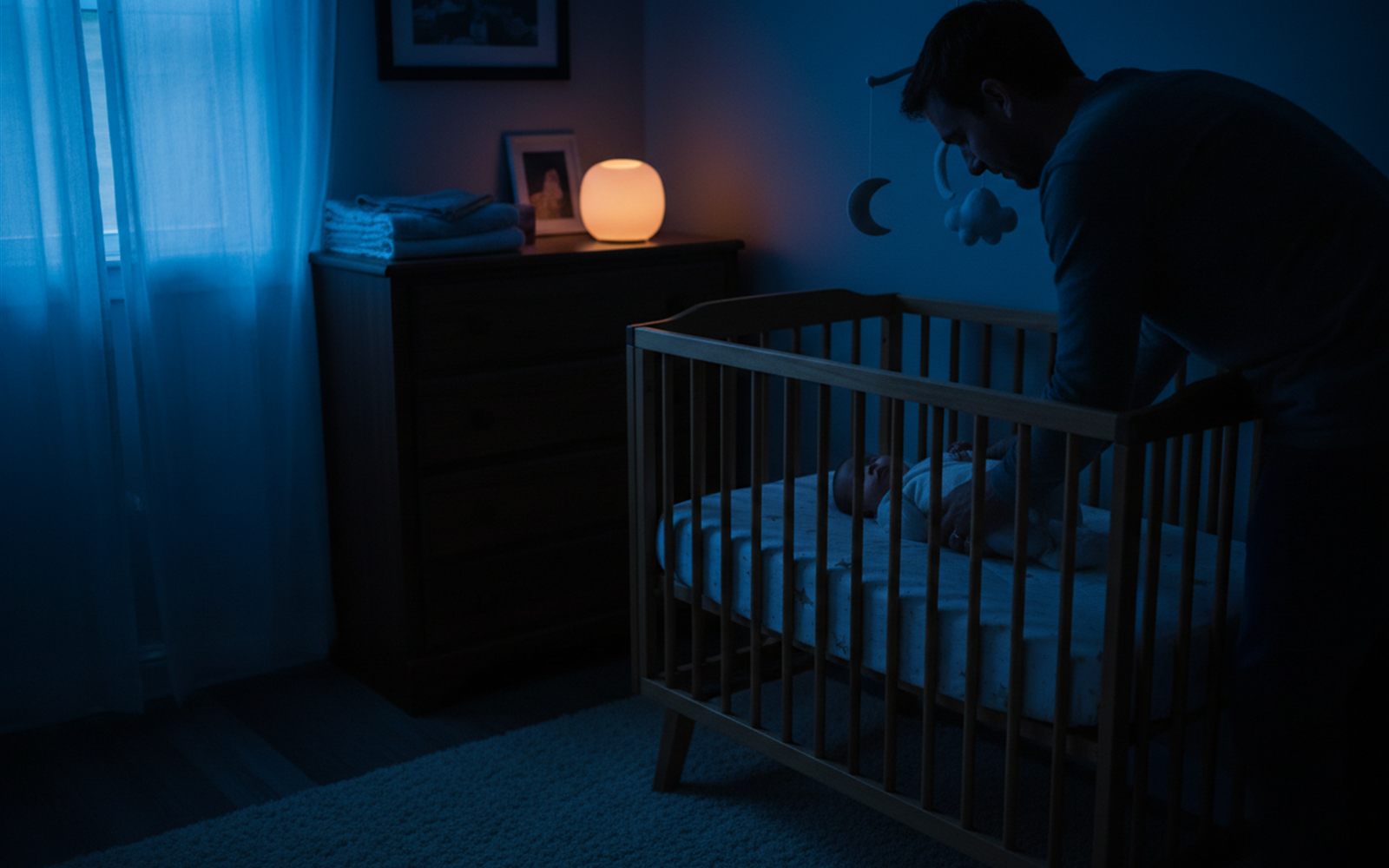 A hand taps the small sound machine on a nightstand while soft light and a sleeping figure blur in the background.