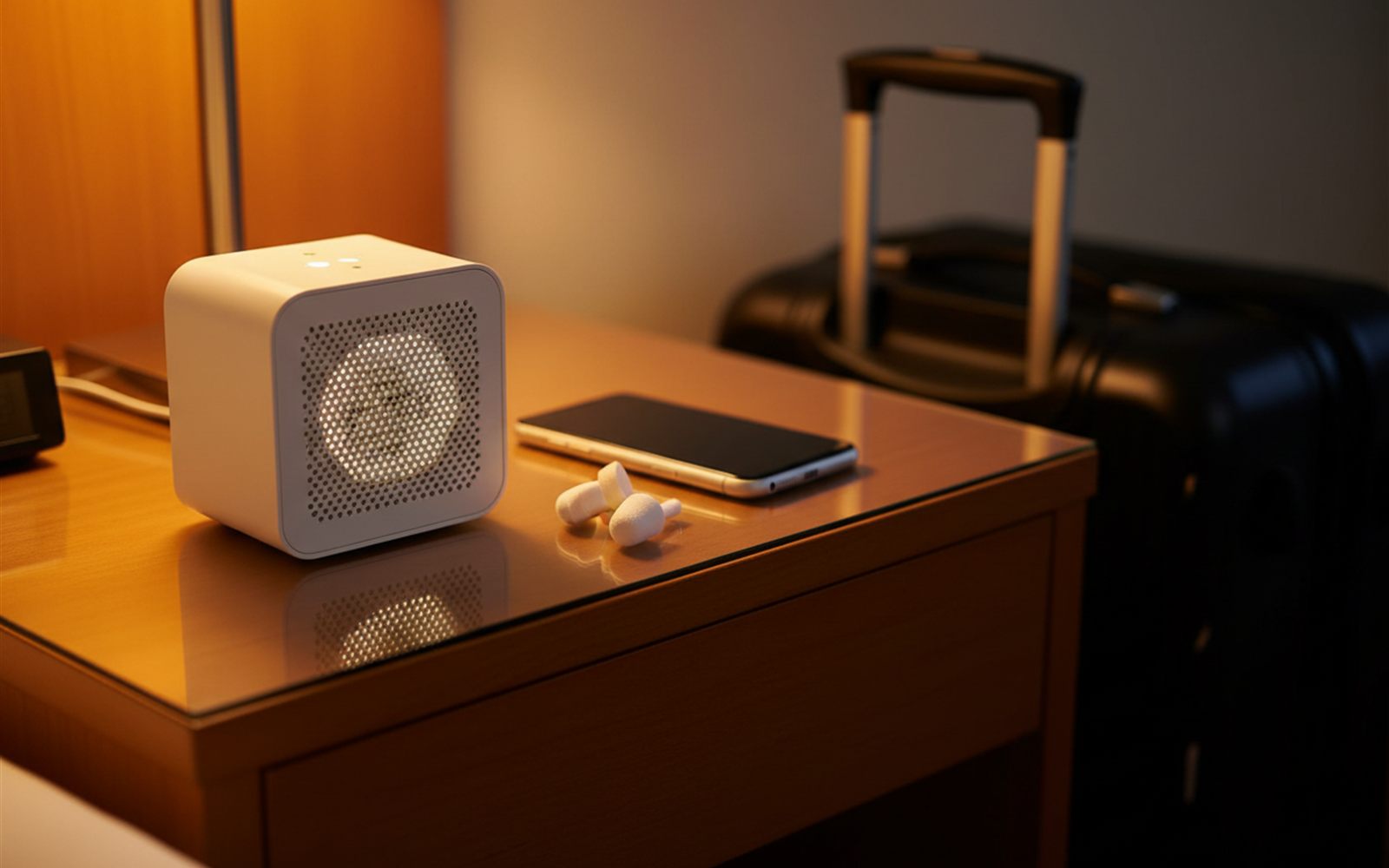 On a hotel nightstand, the palm sized machine plays beside a passport and watch while the city glows behind the window.