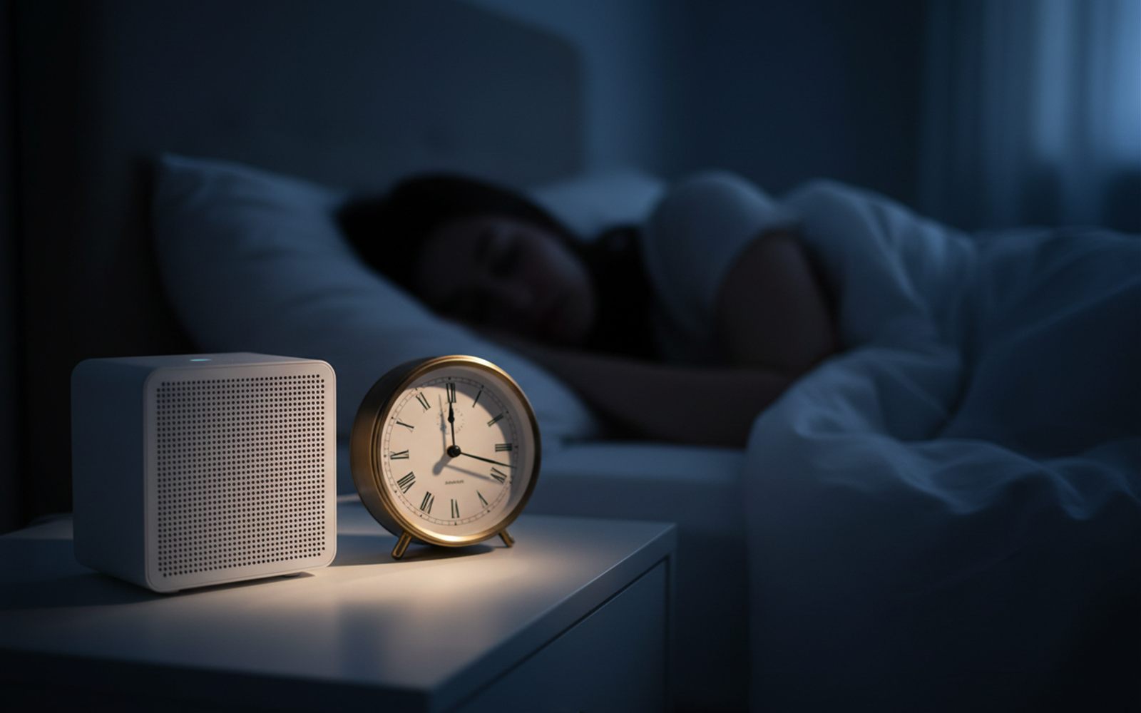 A palm sized sound machine glows softly on a nightstand beside a sleeper in a dark, calm bedroom.