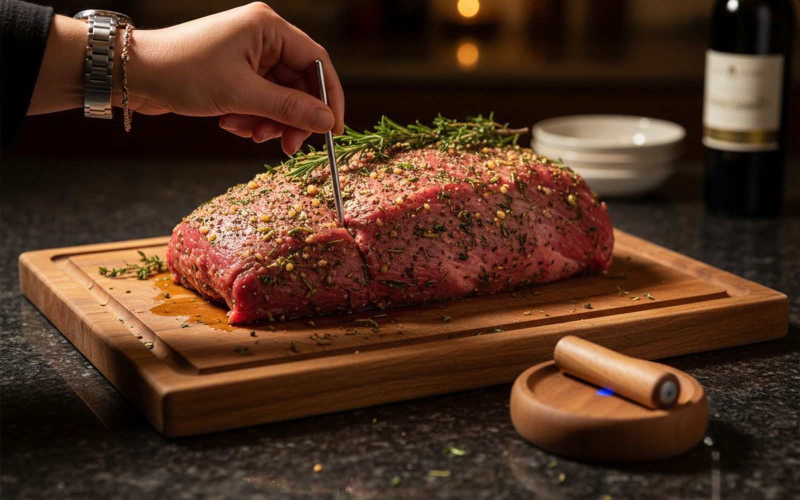 A hand slides the slim wireless probe deep into a seasoned roast on the counter while the charging dock sits nearby.