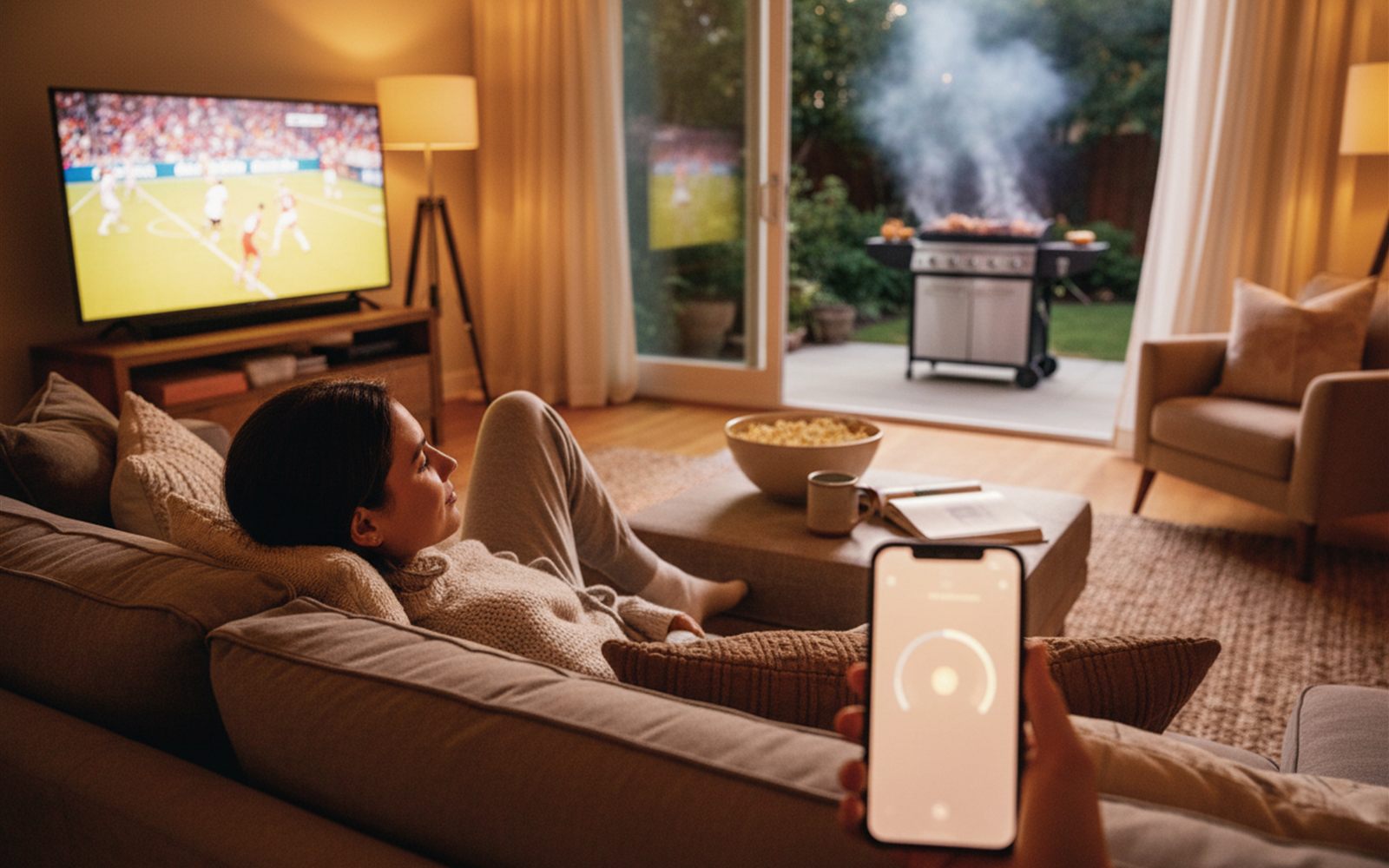 A cook relaxes on the couch with the game on as the phone lights up with an alert that the roast outside is nearly done.