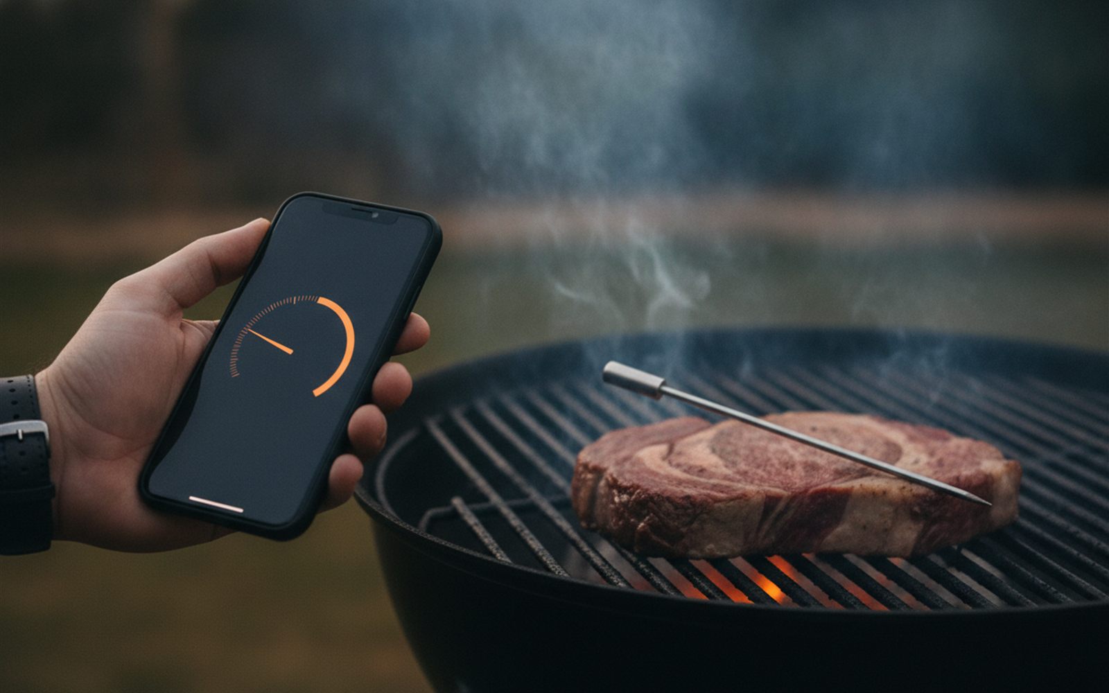 A phone screen counts down to a perfectly cooked steak while the wireless probe rests in the meat on the grill.