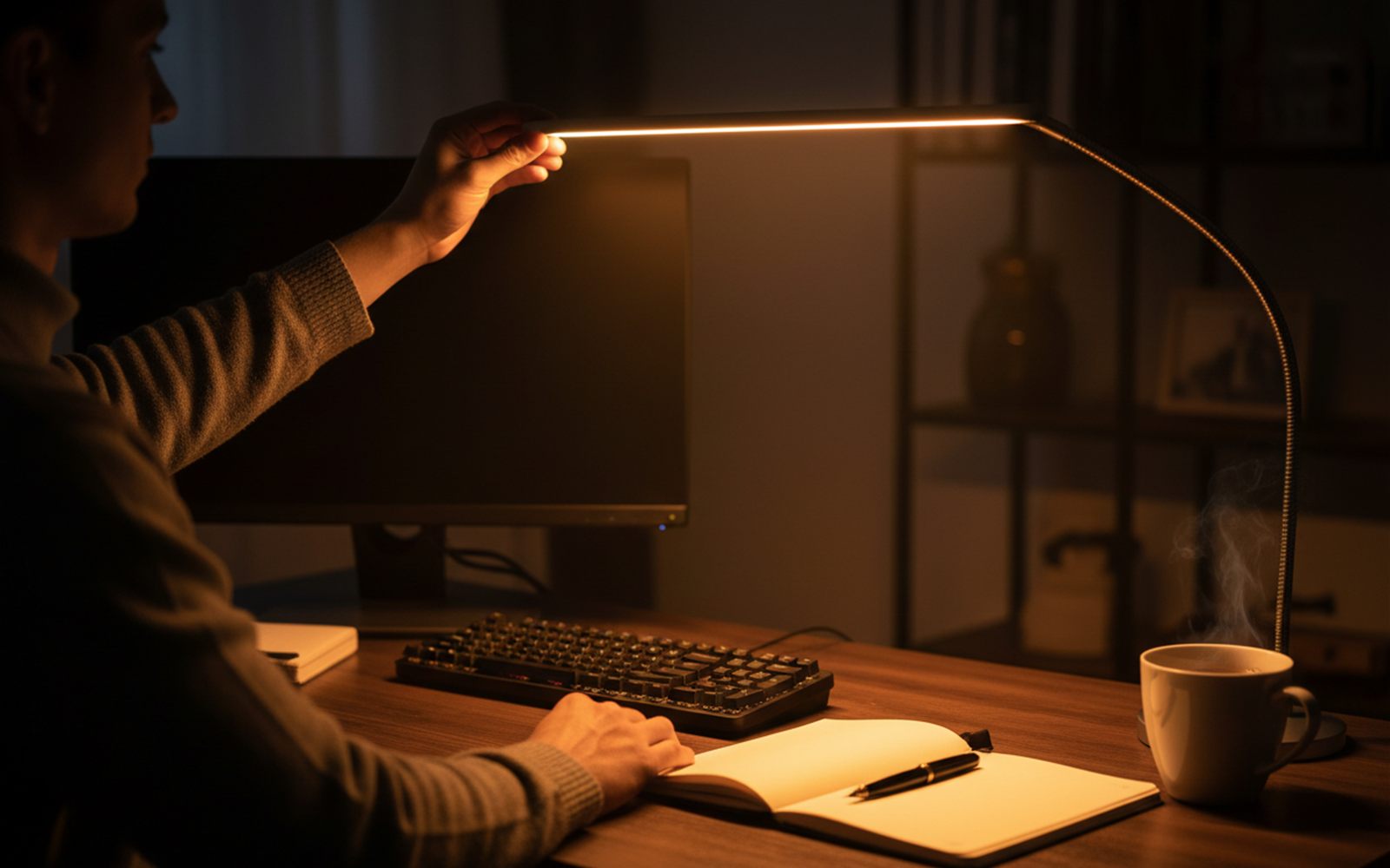A hand bends the gooseneck to aim warm light over a laptop and open notebook during a late evening work session.
