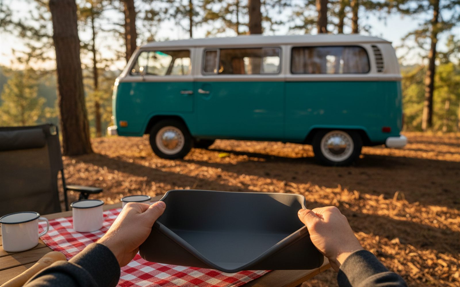 Hands pressing the center of a flat cutting board at a campsite table so its walls pop up into a deep basin