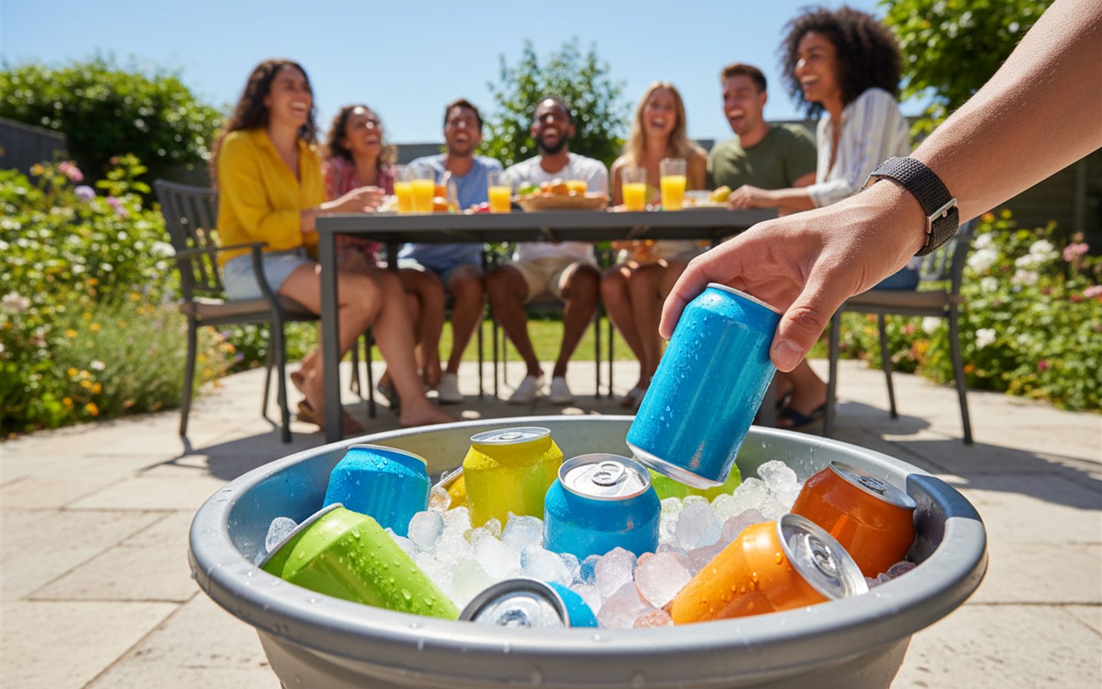 A cutting board in basin form loaded with ice and colorful drink cans on a sunny patio table