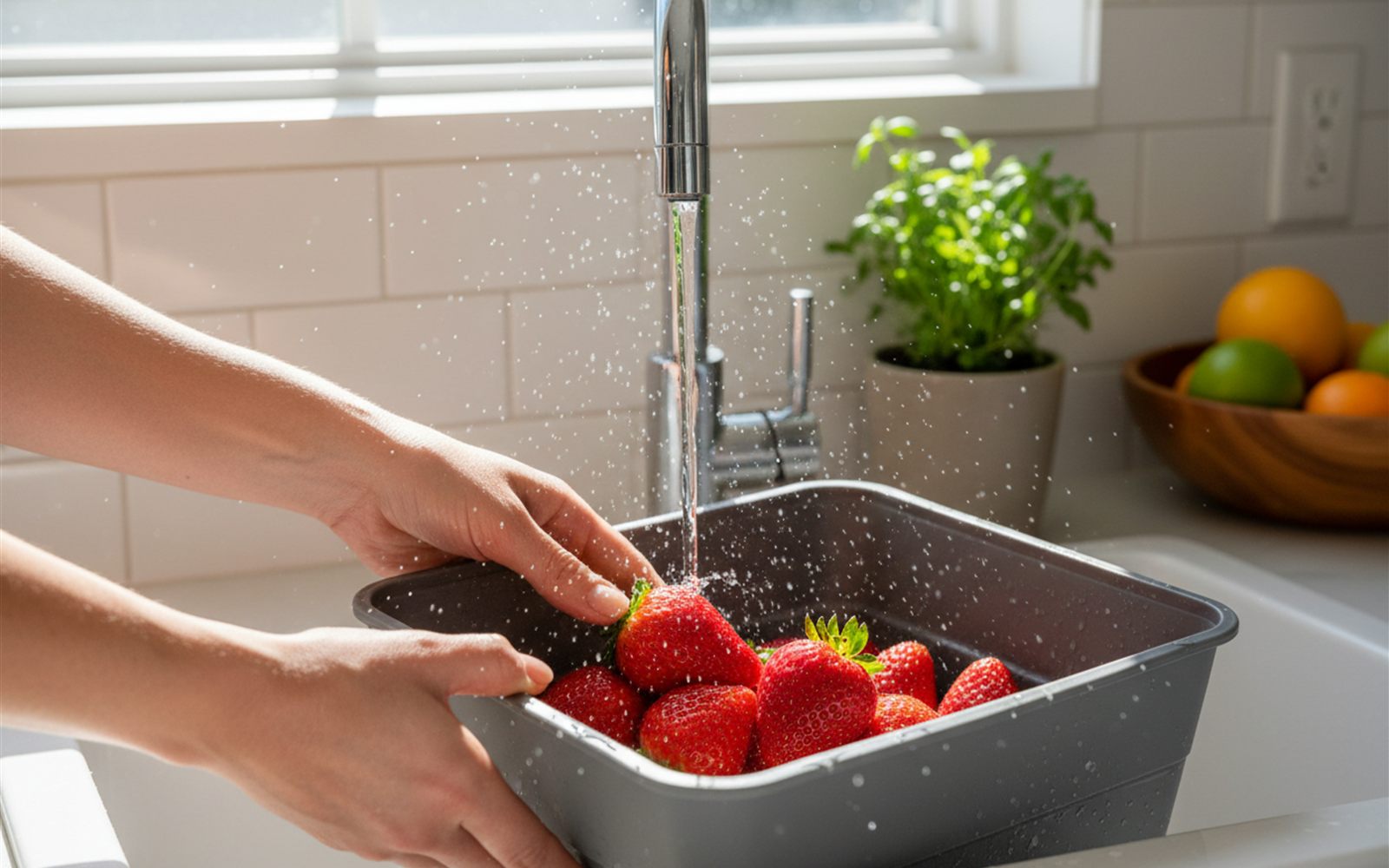Hands rinsing bright strawberries inside a cutting board that has popped open into a deep basin at the sink.