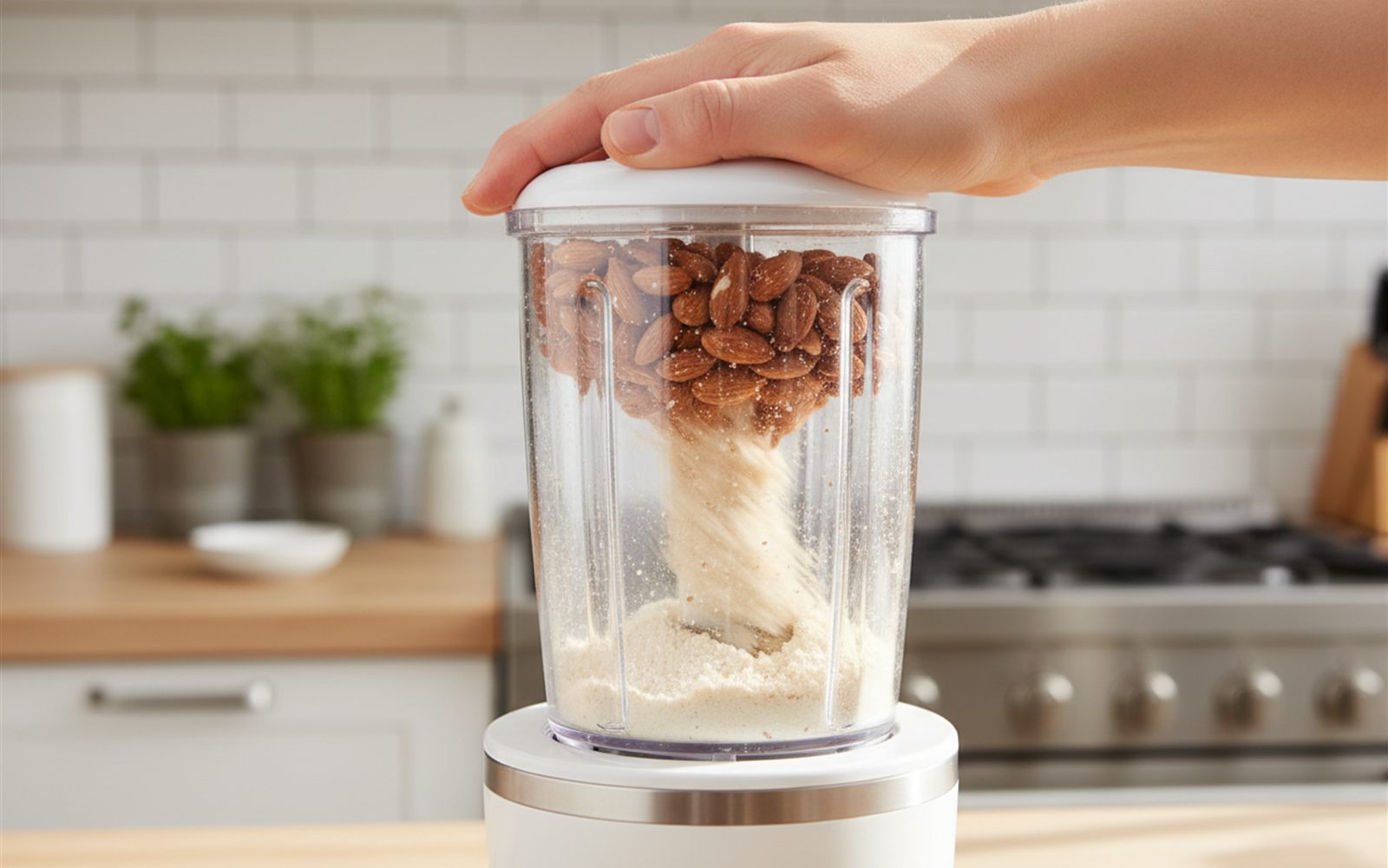 A hand steadies the inverted blender cup with one palm pressing down as ground almonds swirl into a coarse flour inside.