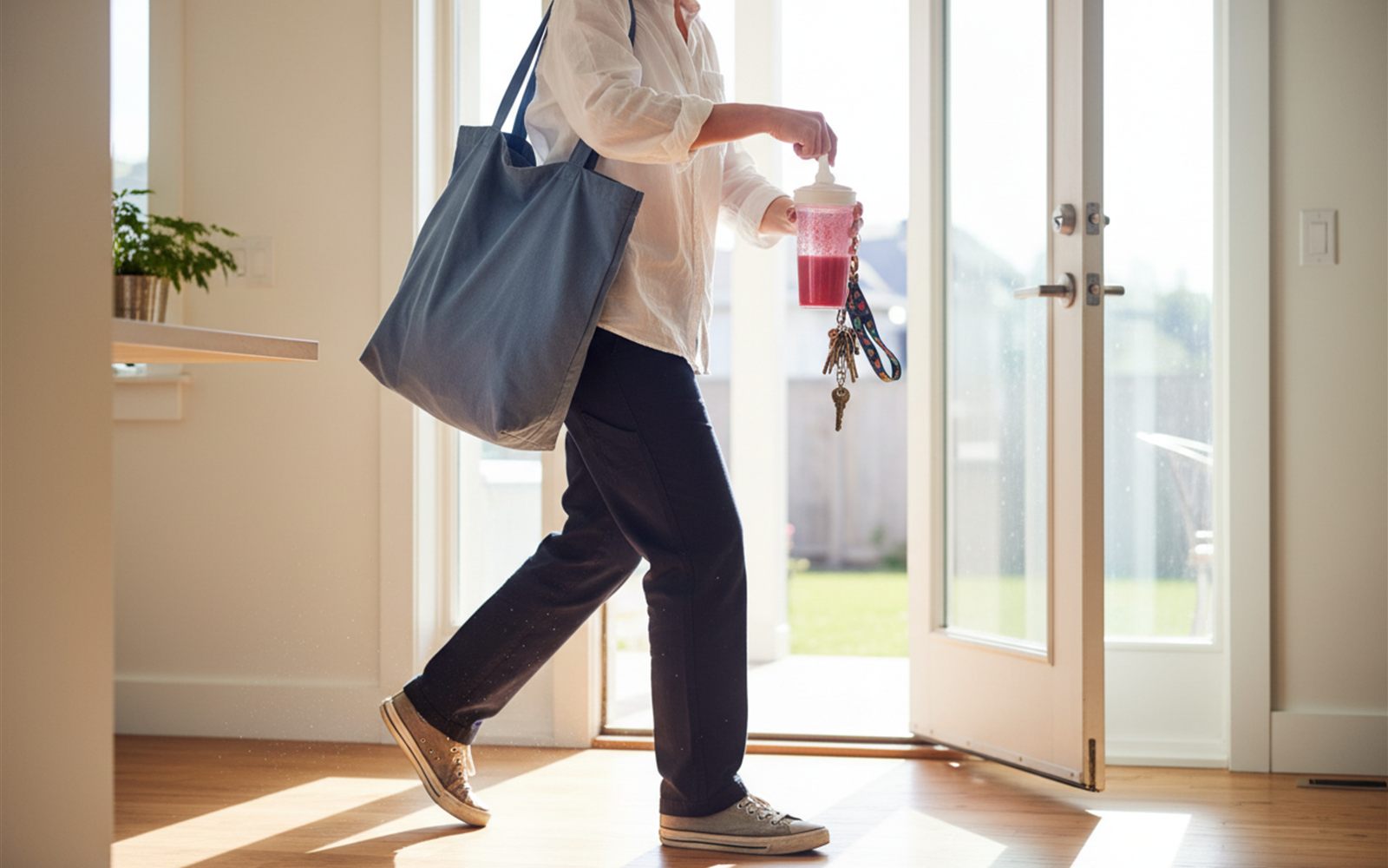 A commuter twists the spout lid onto the same cup the smoothie was blended in and heads for the front door with it.