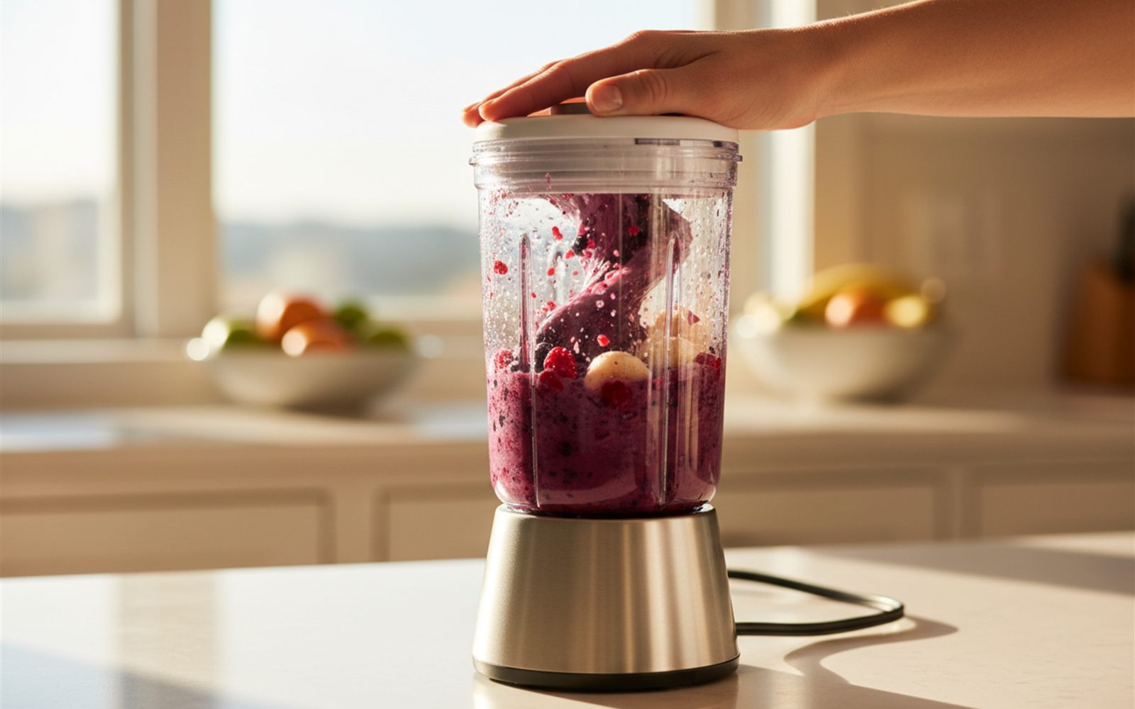 Frozen berries whirl into a thick purple smoothie inside a single serving blender cup on a small kitchen counter.