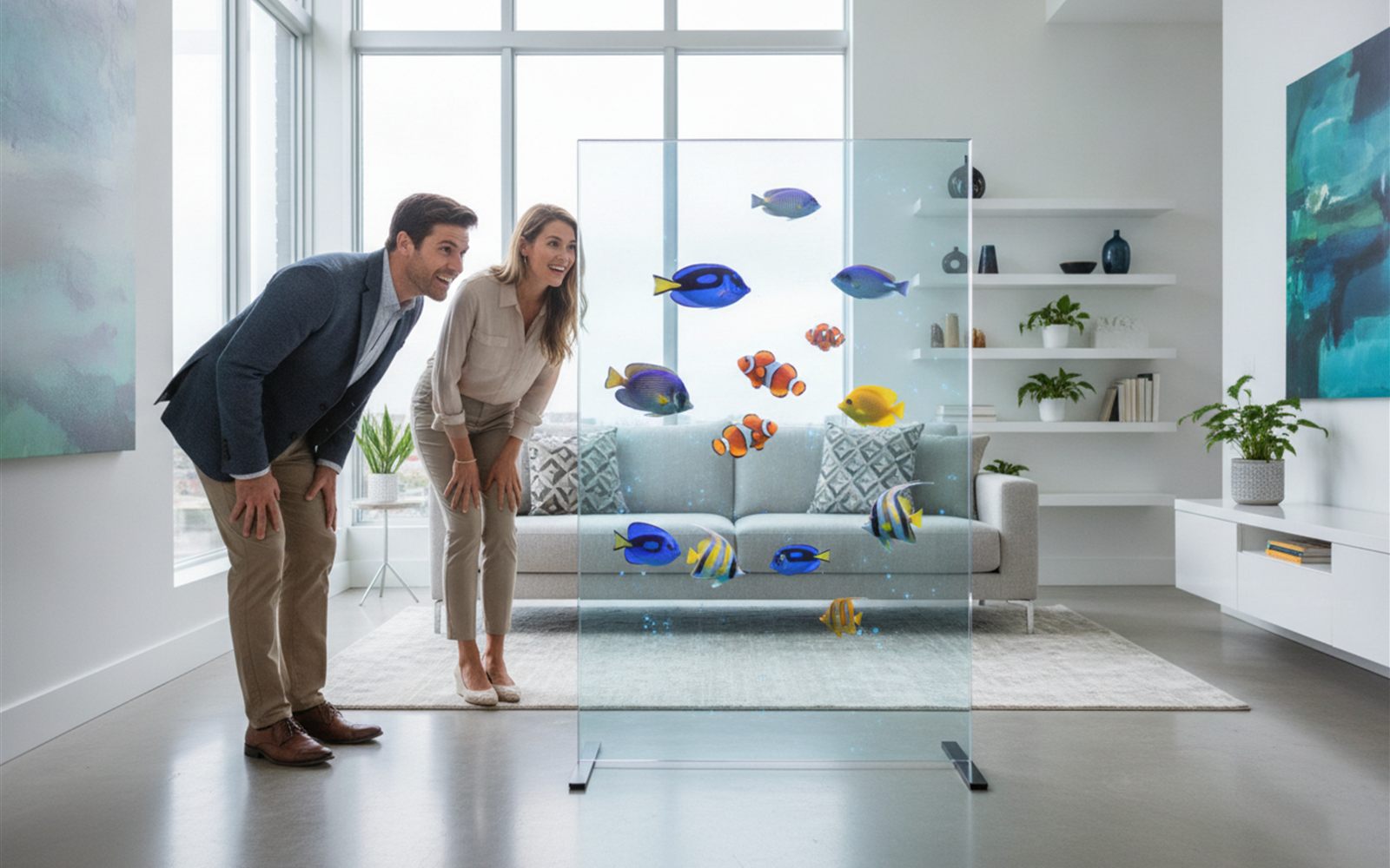 Guests do a double take as tropical fish appear to swim across a clear glass screen standing in the middle of a bright living room