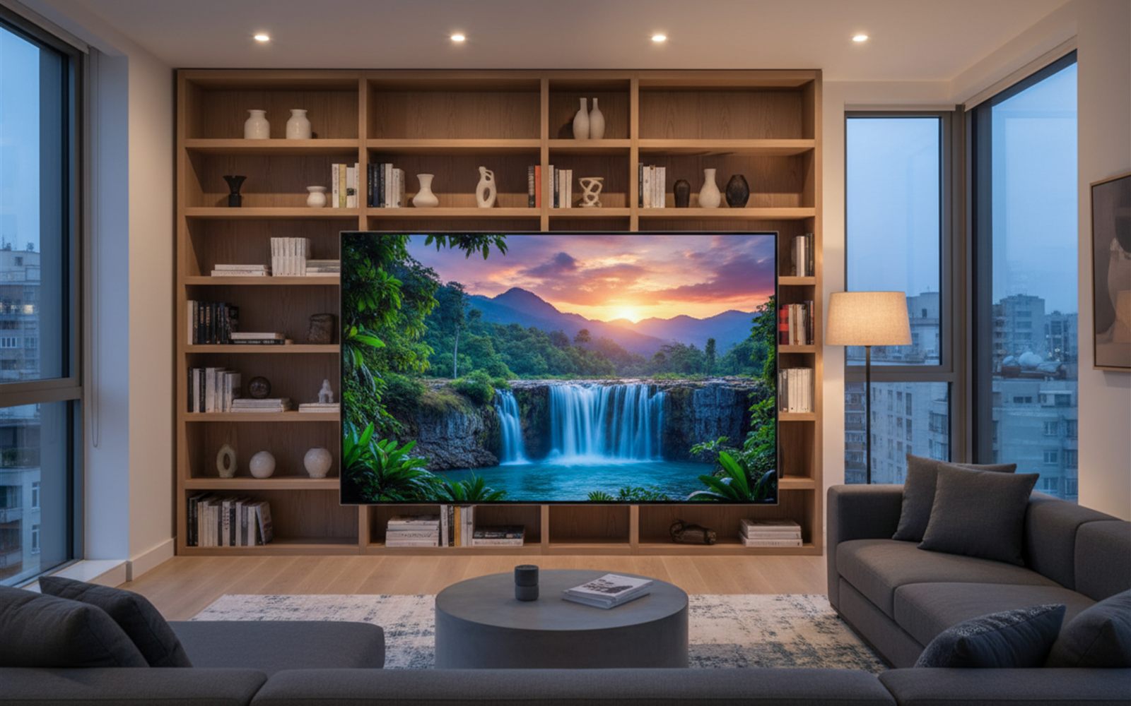 A transparent TV plays a movie while the bookshelf behind it stays visible through the glass.