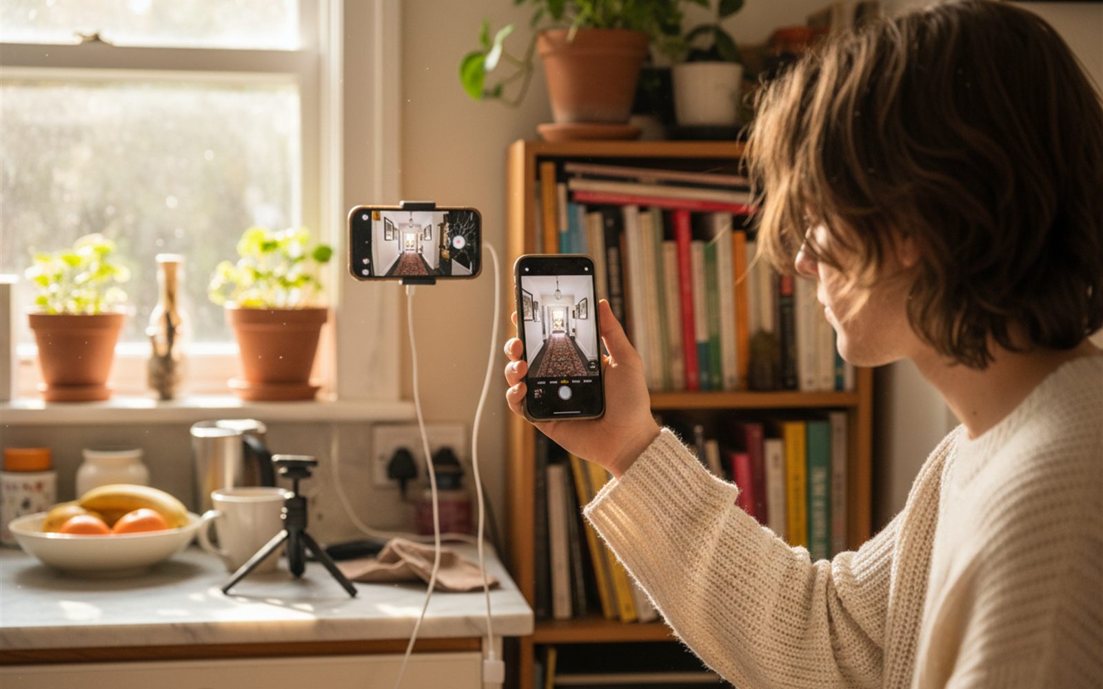 A spare phone locked into a small tripod clamp on a bookshelf, angled down a hallway while its owner checks the live feed from the kitchen.