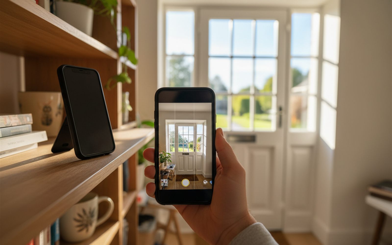 An old smartphone propped on a shelf streaming a live view of the front door to a newer phone.