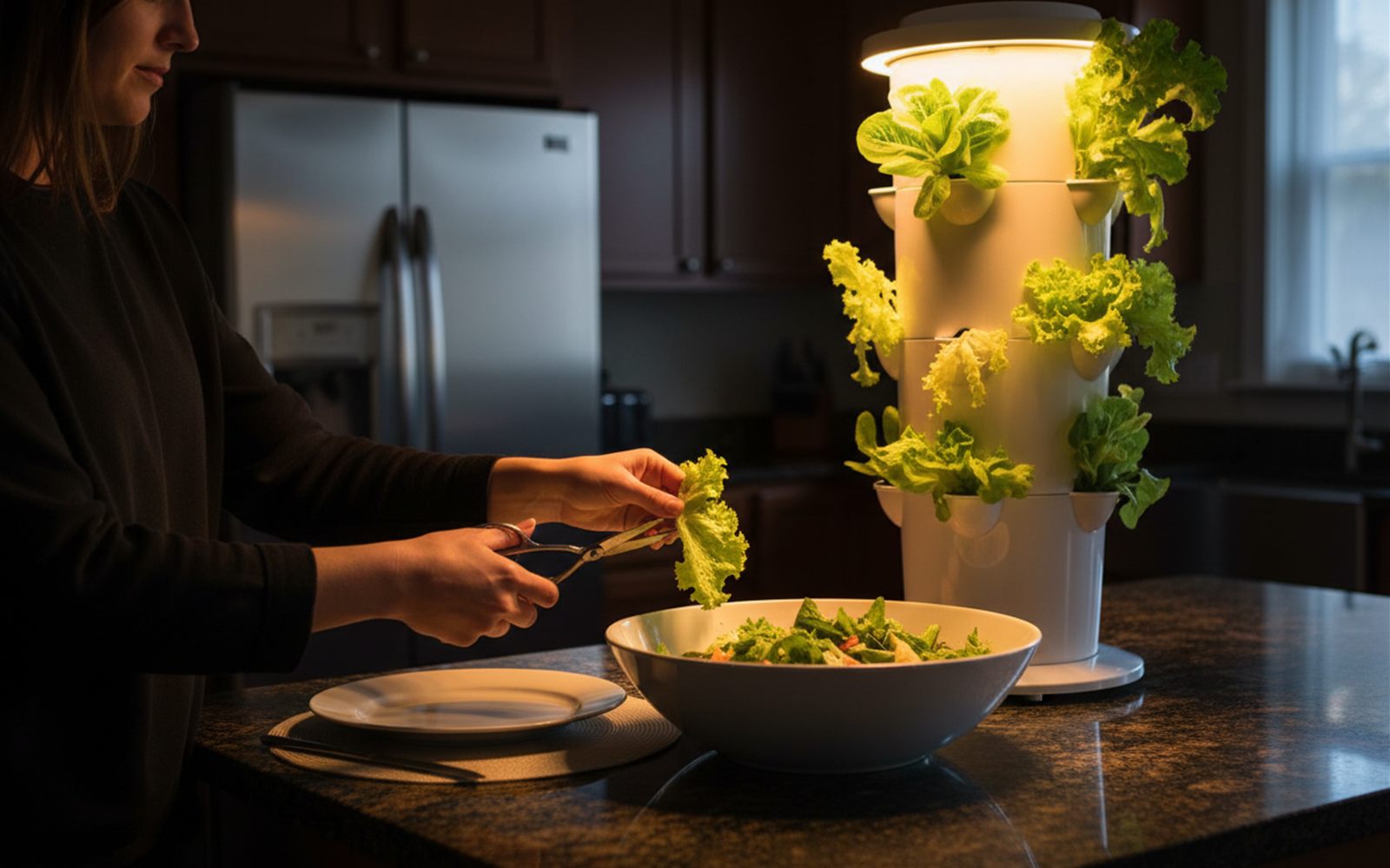 Hands cut fresh lettuce from a glowing tower garden in a dim evening kitchen while dinner waits on the counter