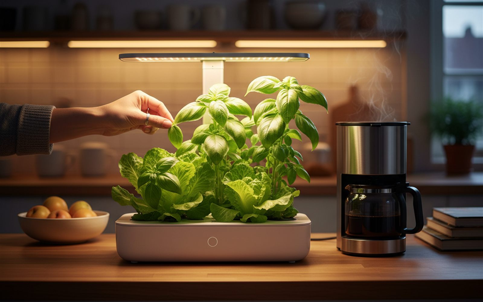 Fresh basil and lettuce grow under a warm glow on a kitchen counter beside the coffee maker.